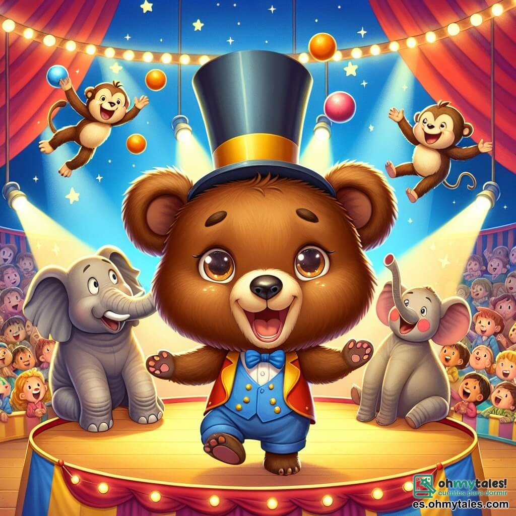 Un pequeño osito llamado Tito, con pelaje marrón y ojos brillantes de alegría, lleva un gran sombrero colorido que le cae sobre las orejas. Está bailando en el centro de la pista del circo, con una amplia sonrisa iluminando su rostro, mientras agita una pequeña varita mágica. A su derecha, un elefante llamado Paco, con grandes orejas y piel gris, salta alegremente sobre una bola, mostrando una expresión de orgullo y diversión. A su izquierda, un mono travieso llamado Manolo, con pelaje marrón claro y cola enroscada, hace malabares con naranjas, riendo y haciendo muecas al público. El lugar es una gran carpa de circo, adornada con colores vivos: rojo, amarillo y azul, con banderines ondeando al viento. Espectadores maravillados se agrupan alrededor de la pista, aplaudiendo y riendo, mientras luces centelleantes iluminan la escena. La situación principal muestra a Tito, el pequeño oso, divirtiéndose en el circo, rodeado de sus amigos animales, todos realizando números increíbles, creando una atmósfera de magia y alegría.