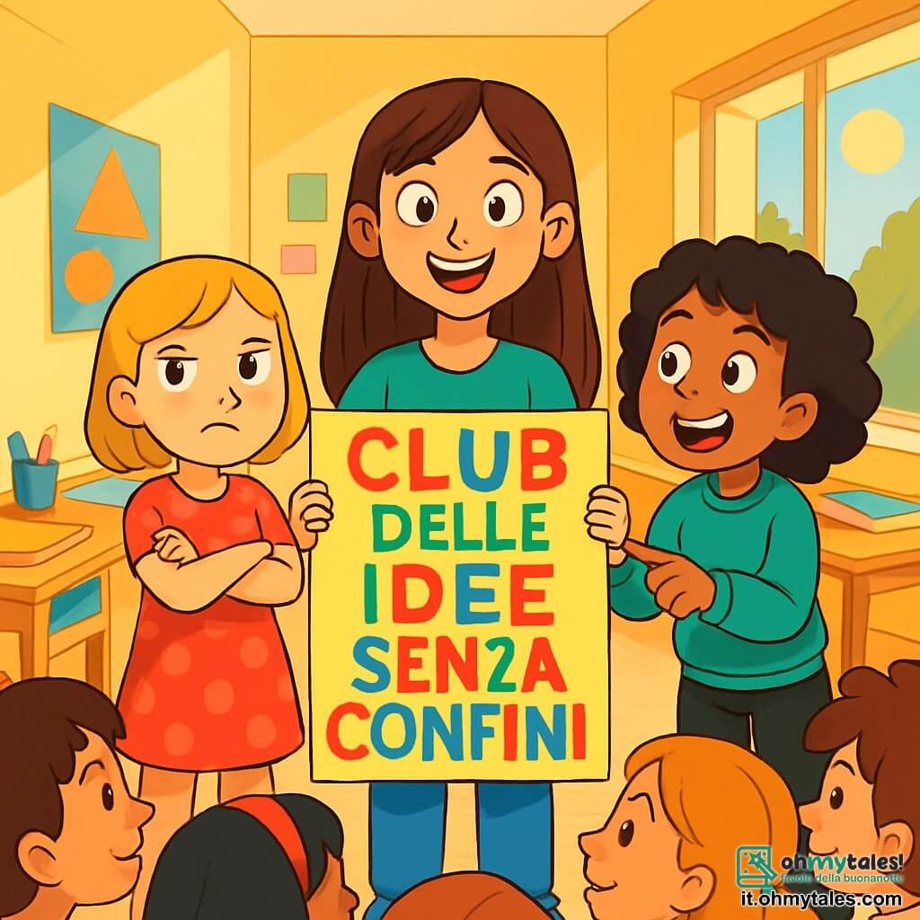 Ci sono 3 personaggi: - Sofia: una ragazza di 10 anni con lunghi capelli castani, indossa una maglietta blu e jeans. È in piedi al centro, sorridente, con un grande cartello colorato con la scritta “CLUB DELLE IDEE SENZA CONFINI”. - Marta: una ragazza di 10 anni con capelli corti e biondi, indossa un vestito rosso a pois. Si trova a sinistra di Sofia, con le braccia incrociate, mostrando un'espressione determinata. - Giulia: una ragazza di 10 anni con capelli ricci e neri, indossa una felpa verde e pantaloni neri. È a destra di Sofia, mentre indica il cartello con entusiasmo. La scena si svolge nell'atrio luminoso della scuola, con pareti dipinte di giallo e finestre aperte che lasciano entrare la luce del sole. I muri sono decorati con manifesti colorati e tavoli di legno sono disposti intorno, pieni di libri e materiale scolastico. Le tre amiche presentano il loro progetto di club ai compagni, circondate da volti curiosi e interessati. Le ragazze sono piene di energia, pronte a condividere le loro idee e a promuovere l'uguaglianza di genere.