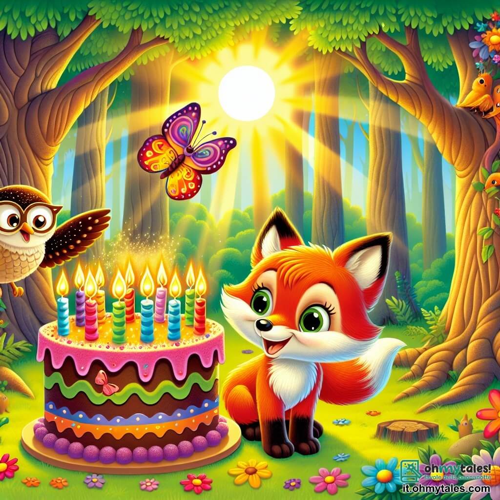 Un piccolo volpe dal pelo rosso brillante e dagli occhi grandi e scintillanti di gioia si trova davanti a una grande e colorata torta di compleanno con candele accese. Sorride ampiamente, con le orecchie rizzate, pronto a soffiare sulle candele. Accanto a lui, una delicata farfalla dalle ali multicolori vola gioiosamente, danzando attorno alla torta. Un saggio gufo, con piumaggio marrone e occhiali tondi, è appollaiato su un ramo, cantando una melodia festosa per celebrare il compleanno della volpe. La scena si svolge in un magnifico bosco incantato, con grandi alberi dai tronchi nodosi e fiori colorati sul terreno verde. I raggi di sole filtrano tra le foglie, creando un'atmosfera calda e festosa. Il piccolo volpe, circondato dai suoi amici, è pronto a soffiare sulle candele della sua torta di compleanno, mentre risate e canti risuonano nell'aria, celebrando questo momento magico di amicizia e gioia.