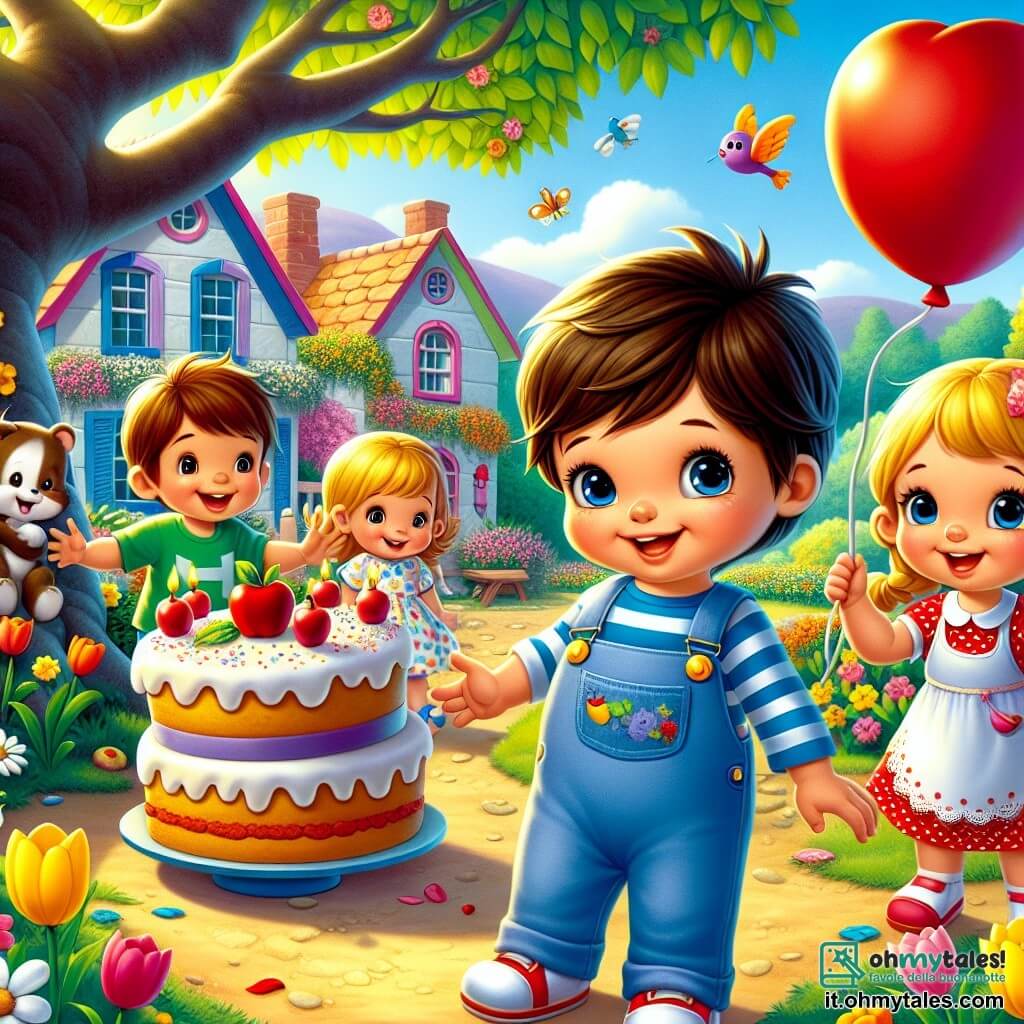 In un piccolo villaggio colorato, Leo, un bambino di un anno e mezzo, ha i capelli castani e gli occhi scintillanti. Indossa una bella salopette blu e sorride gioiosamente. Accanto a lui, Mia, una bambina di 3 anni, ha i capelli biondi intrecciati e indossa un vestito rosso a pois. Tiene un grande pallone rosso che fluttua nell'aria. Marco, un bambino di 4 anni, ha i capelli castani e indossa una maglietta verde. Tiene una deliziosa fetta di torta di mele, pronto a darla a Leo. Il luogo è un giardino soleggiato, pieno di fiori colorati: tulipani gialli, rose rosa e margherite bianche. Il cielo è di un blu brillante e un grande albero ombreggiante si erge sullo sfondo, con i suoi rami che offrono rifugio agli uccelli cantanti. La scena principale mostra Leo, Mia e Marco che festeggiano il compleanno di Leo, circondati da risate e gioia, con coriandoli che volano nell'aria e un grande tavolo decorato con palloni e torte, creando un'atmosfera festosa e magica.