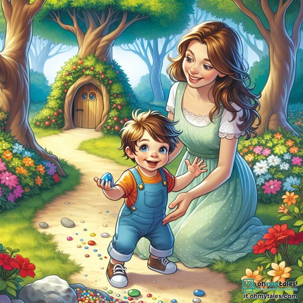 Un bambino di un anno, di nome Luca, è al centro dell'immagine. Ha grandi occhi curiosi, capelli castani disordinati e un sorriso splendente. È accovacciato per terra, tiene in mano un sasso blu e ha un'espressione di meraviglia sul volto. Accanto a lui c'è sua madre, una donna di circa 30 anni, con lunghi capelli castani e un sorriso caloroso. È in piedi, leggermente inclinata verso Luca, incoraggiandolo con tenerezza. Indossa un vestito leggero e colorato ed è felice di condividere questo momento d'avventura con suo figlio. Lo sfondo è un parco verde, pieno di alberi maestosi e fiori multicolori. Luca, meravigliato, sta scoprendo un sasso rosso all'interno di una porta dell'albero, mentre sua madre lo osserva con orgoglio. L'atmosfera è gioiosa e curiosa, illustrando lo spirito d'avventura di un piccolo investigatore in erba.