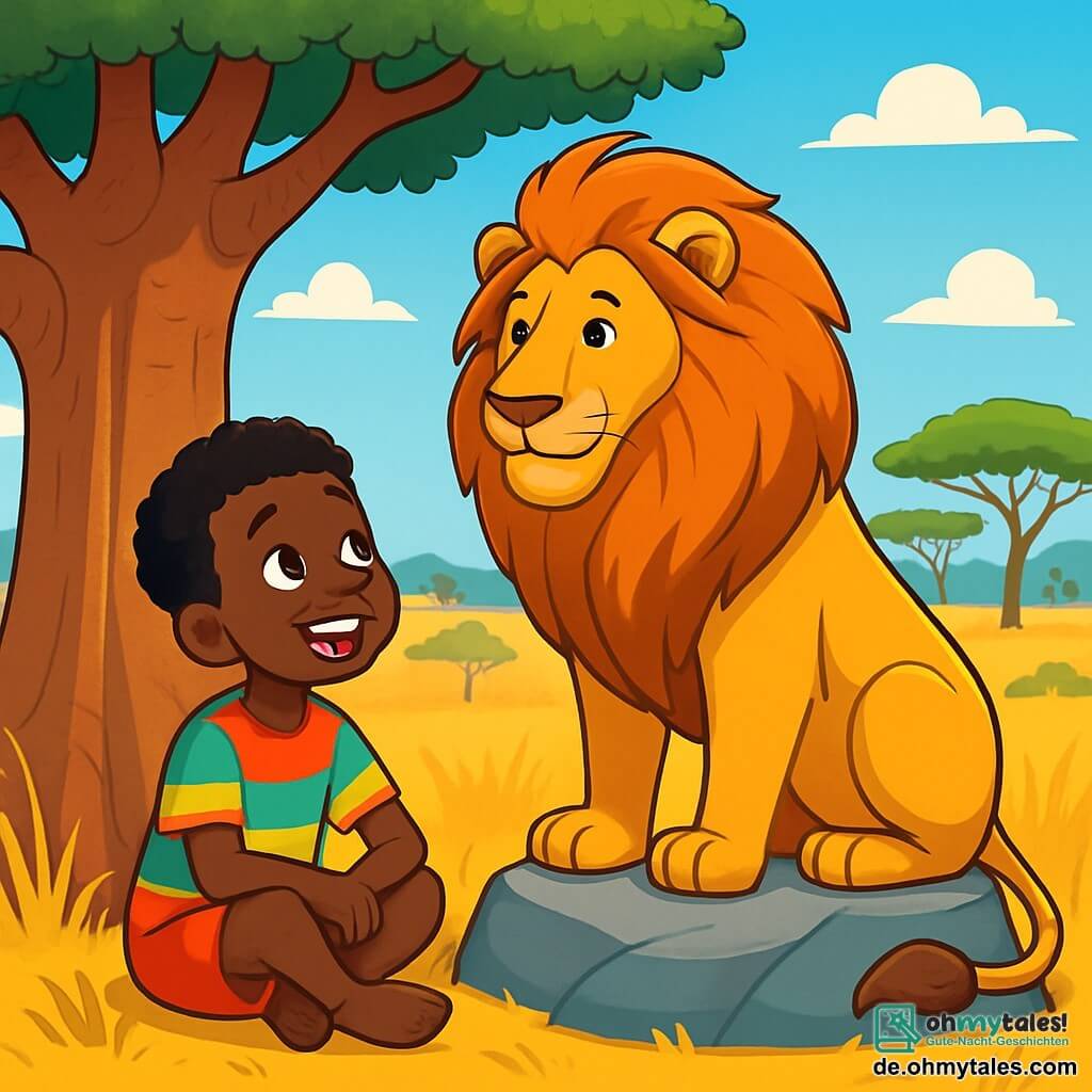 Kofi, ein achtjähriger Junge mit leuchtenden Augen und einem breiten Lächeln, sitzt unter einem großen Baobab und hört aufmerksam der Stimme des weisen Löwen Nia zu. Nia, ein majestätischer Löwe mit goldener Mähne, steht stolz auf einem Stein und blickt Kofi freundlich an. Die sonnige Savanne ist mit hohen goldenen Gräsern und einigen Akazien übersät, der Himmel ist strahlend blau mit ein paar weißen Wolken. Im Hintergrund sind Silhouetten von Wildtieren zu sehen, die der Szene Leben verleihen. Kofi ist fasziniert und aufmerksam, während er von Löwe Nia über die Bedeutung von Zuhören und Geduld lernt, um Wasser für sein Dorf zu finden.