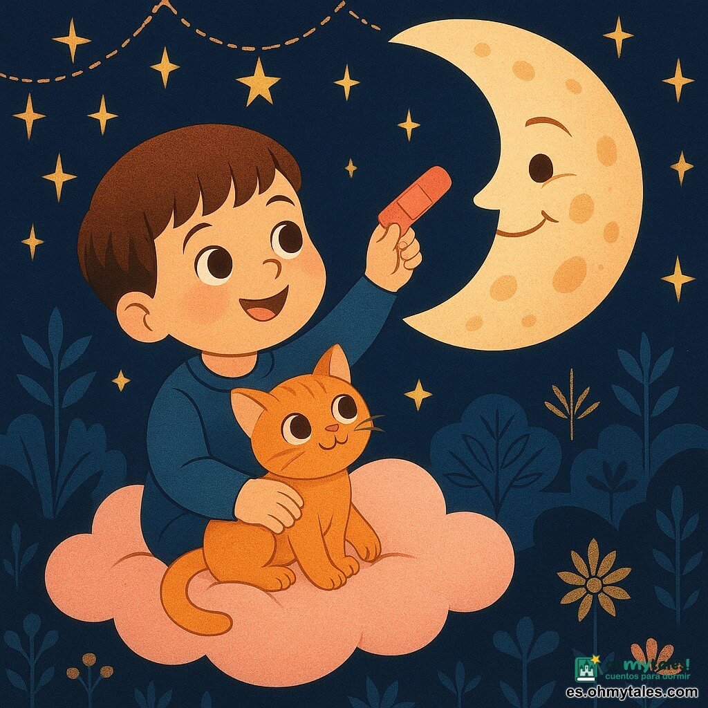 Un niño de 4 años, alegre y asombrado, de cabello castaño corto, mejillas redondas y ojos brillantes, extiende la mano con un pequeño vendaje rojo hacia la luna; un gatito naranja llamado Nube, pequeño, tierno y curioso, se acurruca junto al niño en la misma nube rosa; la Nube Rosa, redonda y esponjosa, funciona como una pequeña barquilla llevando a ambos; la luna sonriente, grande, pálida y ligeramente manchada como queso, muestra una expresión dulce y traviesa, cerca pero fuera de alcance; el escenario es un jardín nocturno visto desde arriba con estrellas centelleantes en guirnaldas doradas, siluetas estilizadas de árboles y flores gráficas, paleta rosa pálido, azul noche y oro; escena principal centrada: el niño extiende el brazo hacia la luna desde la nube rosa en un momento tierno y cómico, con líneas depuradas y formas geométricas art déco.