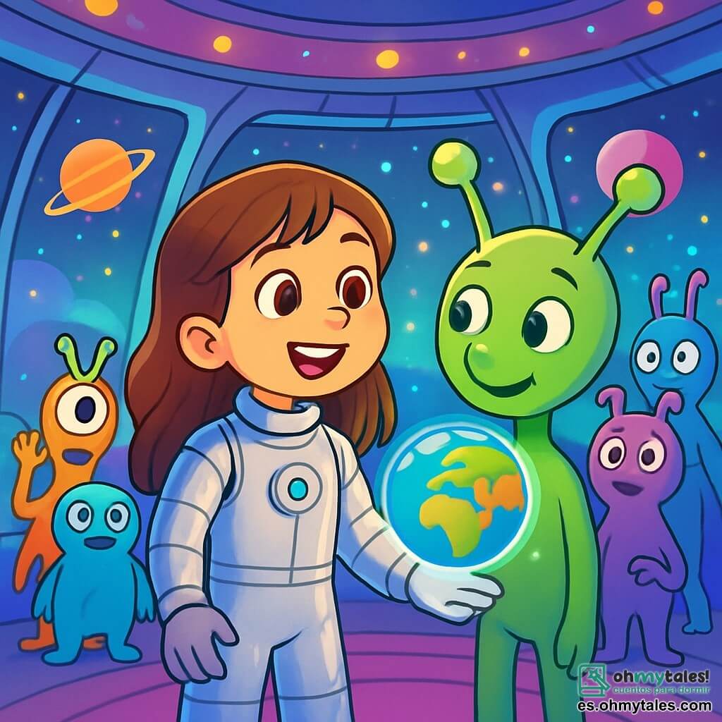 Una niña de 8 años, Lucía, con largos cabellos castaños y ojos brillantes de curiosidad, se encuentra en el centro de una sala extraterrestre. Lleva un traje espacial plateado que brilla bajo las luces multicolores, su rostro expresa una gran alegría y una leve sorpresa. A su lado, un extraterrestre de grandes antenas y piel verde, con ojos redondos y amistosos, la observa con una sonrisa cálida. Al fondo, un grupo de otros extraterrestres de formas variadas y colores vivos se muestra, todos curiosos y fascinados por la presencia de Lucía. El lugar es una inmensa sala circular, adornada con luces centelleantes y paredes translúcidas que dejan entrever paisajes estelares en el exterior, con planetas coloridos y estrellas brillantes. La escena principal muestra a Lucía, maravillada, extendiendo la mano hacia un holograma flotante que representa la Tierra, mientras los extraterrestres la rodean, listos para hacerle preguntas sobre su planeta.