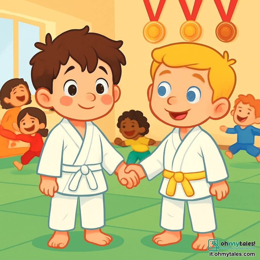 Un ragazzino di 4 anni, Leo, con i capelli castani disordinati e occhi pieni di curiosità, indossa un judogi bianco che fluttua intorno a lui. Ha un sorriso incerto, ma le guance sono rosse dall'eccitazione. Accanto a lui, Tommaso, un bambino di 5 anni con capelli biondi e occhi azzurri, lo guarda con un sorriso incoraggiante, pronto a giocare. Si trovano in una sala di judo luminosa, con tatami verdi e pareti decorate con medaglie brillanti. La scena principale mostra Leo e Tommaso mano nella mano, pronti a partecipare a un gioco di gruppo, circondati da altri bambini che si divertono e ridono, creando un'atmosfera gioiosa e dinamica.