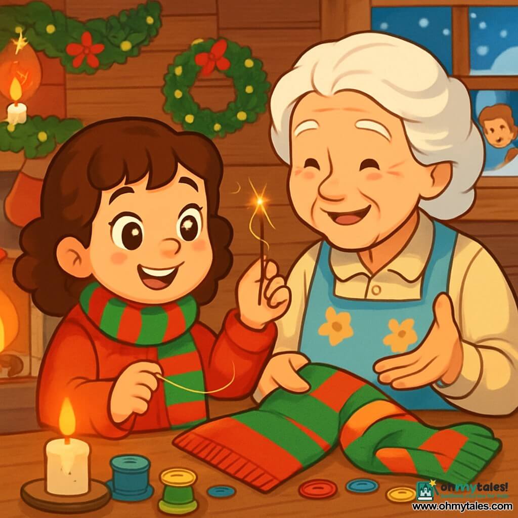 A 6-year-old girl named Lina, with bright lantern-like eyes and curly brown hair, smiles in wonder. She wears a bright red coat and a striped red and green scarf, holding a needle and sparkling thread. Beside her is an elderly woman, Mrs. Marlow, with snow-white hair and a warm smile, encouraging her with friendly gestures. She wears a floral apron and holds a piece of fabric. The scene takes place in a cozy kitchen with rustic wooden walls, where the soft light of a candle illuminates a wooden table covered with colorful threads and buttons. Snowflakes gently fall outside the window, adding a magical touch to the atmosphere. Lina and Mrs. Marlow are sewing Lina's scarf together, surrounded by a festive ambiance with sparkling Christmas decorations and a crackling fire in the fireplace, while curious neighbors peek through the window, bringing warmth and joy to this moment of sharing.