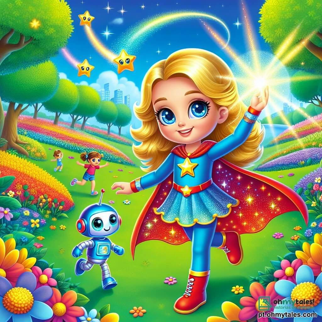 No centro da imagem, Luzia, uma jovem super-heroína de cerca de 10 anos, se apresenta orgulhosamente. Ela tem cabelos dourados que brilham como raios de sol e olhos azuis cheios de determinação. Usa uma capa vermelha decorada com estrelas cintilantes e um traje azul vibrante. Luzia sorri confiante, levantando uma mão para liberar sua luz mágica que ilumina tudo ao seu redor. À sua direita, Zippy, um pequeno robô prateado com grandes olhos redondos e um sorriso amigável, pula de excitação, apontando para o céu onde nuvens escuras começam a se dissipar. À esquerda, Tico, um pássaro azul vibrante, voa graciosamente, criando um redemoinho de vento com suas asas, ajudando a dispersar as nuvens escuras que ameaçam a cidade. O cenário se passa em um parque colorido, repleto de flores vibrantes sob um céu azul claro, com crianças brincando ao longe. A cena principal mostra Luzia, Zippy e Tico unidos na luta contra o vilão Sombrio, que está desaparecendo sob a luz radiante de Luzia, trazendo luz e alegria à cidade.