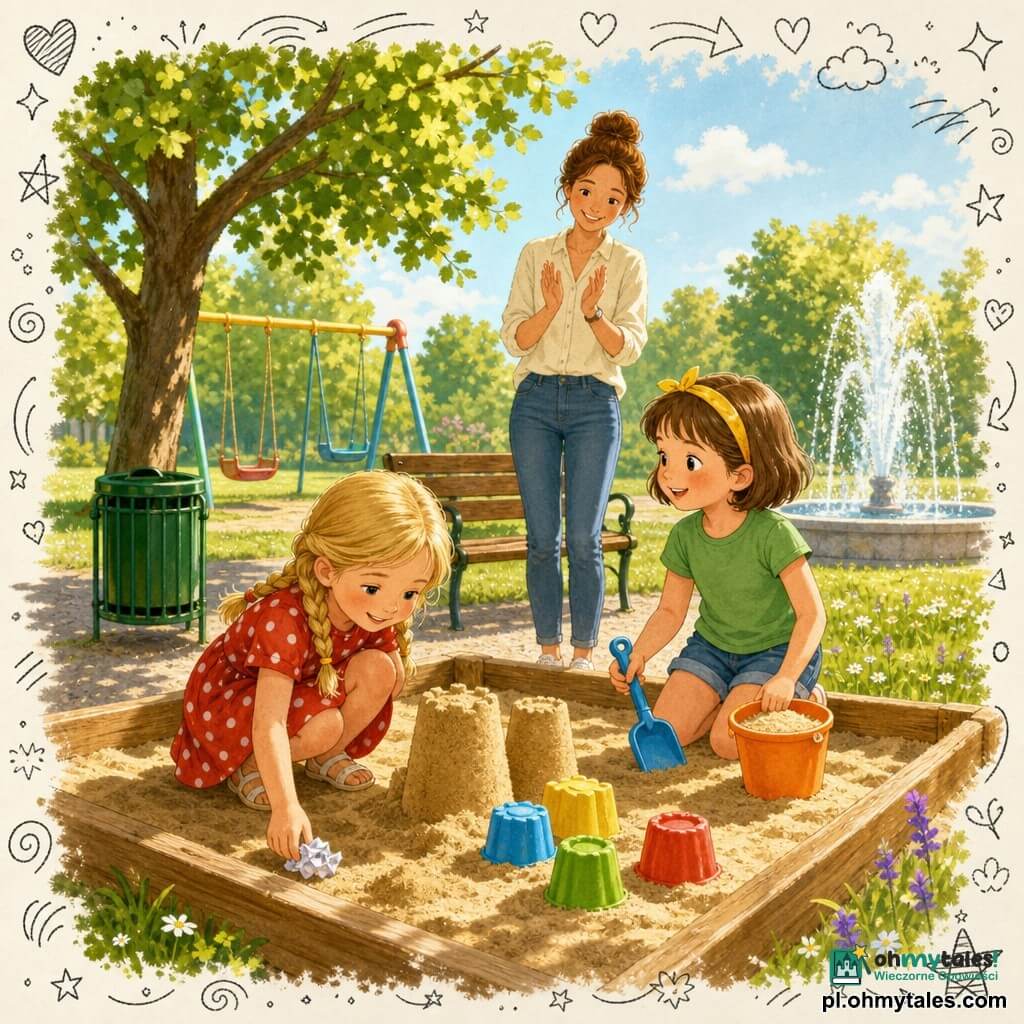 Są trzy postacie: Lena — ok. 6 lat, blond w warkoczach, czerwona sukienka w białe kropki, kucająca po lewej w piaskownicy, podnosi pognieciony papierek; Hania — ok. 5 lat, krótkie brązowe włosy z żółtą opaską, zielony t-shirt i jeansowe spodenki, po prawej z niebieską łopatką i pomarańczowym wiaderkiem pełnym piasku, patrzy na Lenę; Mama — dorosła, kasztanowe włosy w koku, jasna koszula i jeansy, stoi za dziewczynkami przy drewnianej ławce, uśmiechnięta, delikatnie klaszcząca. Miejsce: mały park osiedlowy, piaskownica z drewnianymi krawędziami, huśtawki w tle, duże drzewo po lewej, niska błyszcząca fontanna po prawej, trawnik z kwiatkami, zielony metalowy kos przy żwirowej alejce. Sytuacja: dziewczynki budują okrągłe zamki z piasku i układają kolorowe foremki; jedna podnosi papierek, by wyrzucić do kosza; matka patrzy dumnie; ciepłe późnopopołudniowe światło, nasycone kolory.
