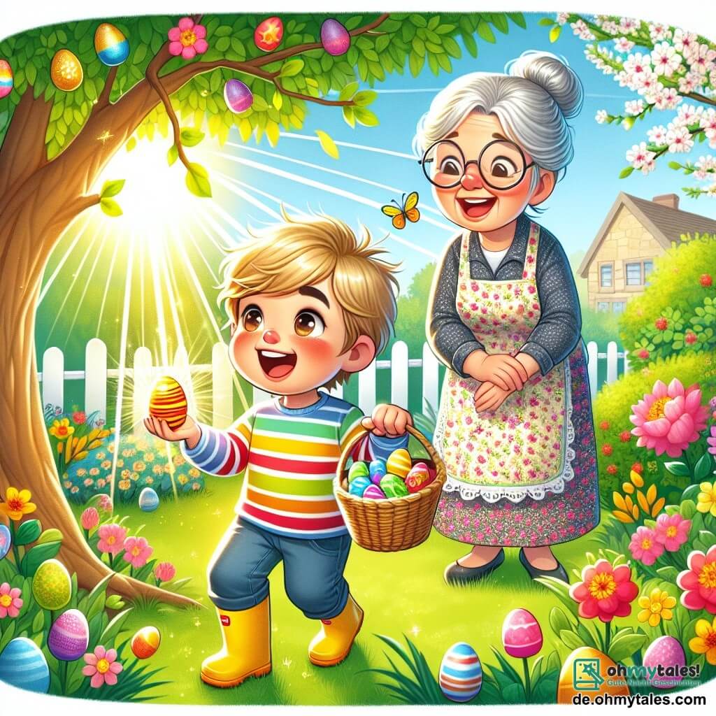 Ein vierjähriger Junge namens Max mit zerzausten blonden Haaren und neugierigen, funkelnden Augen sucht in einem sonnigen Garten nach Ostereiern. Er trägt ein bunt gestreiftes Hemd und gelbe Gummistiefel, und sein Gesicht zeigt große Aufregung und Staunen. Neben ihm steht seine Großmutter, eine etwa 65-jährige Frau mit grauen Haaren im Dutt und runden Brillen, die warm lächelt. Sie trägt eine blumige Schürze und hält einen Korb voller bunter Eier, während sie Max stolz beobachtet. Der Garten ist mit leuchtenden Blumen, grünen Sträuchern und einem großen blühenden Apfelbaum gefüllt, was eine fröhliche und frühlingshafte Atmosphäre schafft. Sonnenstrahlen filtern durch die Äste und beleuchten den Boden, wo bunte Ostereier versteckt sind. Die Hauptsituation zeigt Max, der sich hinter einem Busch hockt und ein glänzendes Osterei entdeckt, während seine Großmutter ihn mit einem wohlwollenden Lächeln ermutigt und eine Szene voller Magie und Glück schafft.