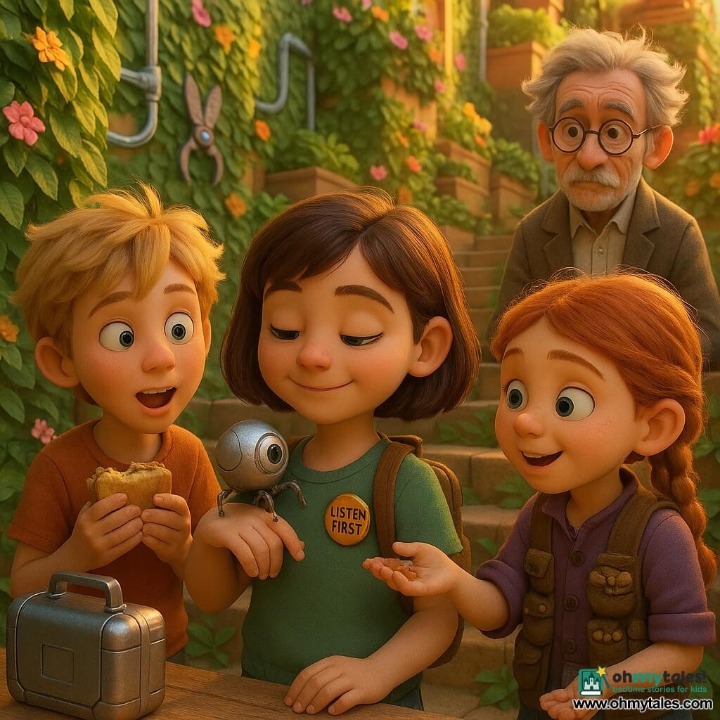 Mina, an 8-year-old girl with a bob of brown hair, smiling and focused, wears a "LISTEN FIRST" badge and a small backpack while gently holding a small round silver insect (the time-tick) on her shoulder; to her left Lio, a 9-year-old blond boy with a tousled haircut, looks amazed holding a sandwich, and slightly behind them Saffron, about 9 with red braided hair and a seed-pocketed vest, offers seeds to the time-tick; Mr. Quill, a middle-aged man with messy gray hair and round glasses, watches from the background near an open silver, lunchbox-style time-travel case on a table; setting: an elevated "Garden Steps" plaza in a vertical garden neighborhood with plant-box stairs, green living walls, pink and yellow flowers, small pruning robots and translucent water pipes; main situation: a neighborhood meeting interrupted by a mischievous silver artifact, Mina calmly soothes the time-tick as Lio and Saffron encourage it, late-afternoon soft light, vivid colors and detailed textures.