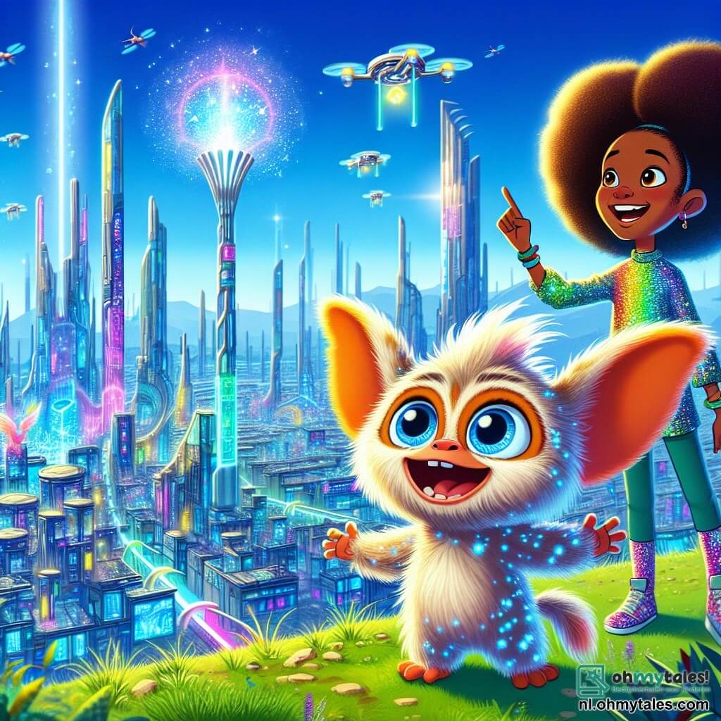 Mofel, een kleine Mofel met grote oren en een glanzende vacht als sterren, staat in het midden van de afbeelding met wijdopen ogen van vreugde en verwondering terwijl hij het futuristische landschap van Technopolis bekijkt. Naast hem wijst een jong meisje met kleurrijke haren en glinsterende kleding vol enthousiasme naar een grote machine die schittert, met een stralende glimlach op haar gezicht. Op de achtergrond strekt de stad Technopolis zich uit tot aan de horizon, met glazen wolkenkrabbers in futuristische vormen, hangende tuinen en drones die door een heldere blauwe lucht vliegen, wat een dynamische en magische sfeer creëert. De hoofdscène toont Mofel en het meisje die samen de wonderen van de stad ontdekken, vol opwinding en nieuwsgierigheid, klaar om een wereld te verkennen waar technologie en natuur samenkomen.