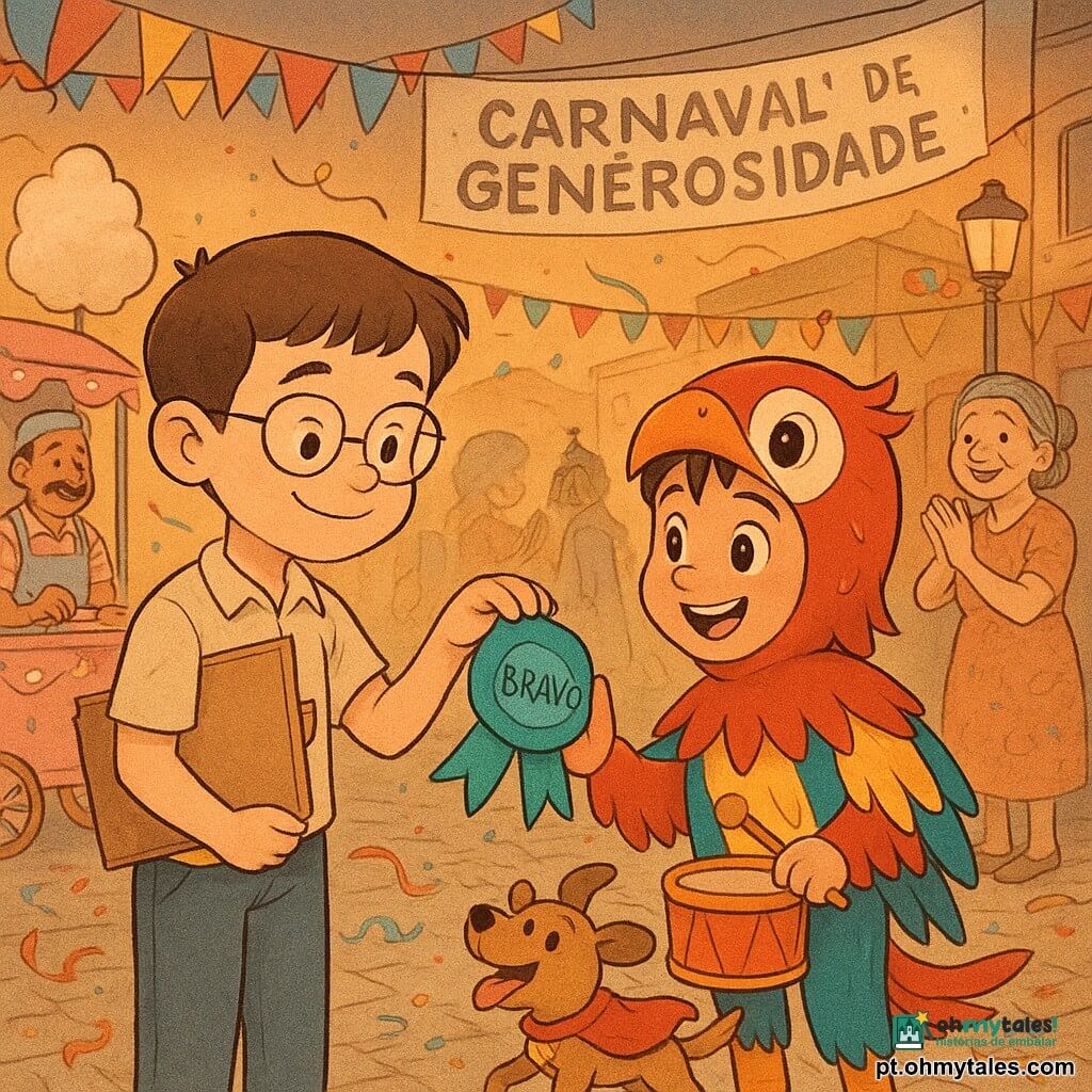 Miguel, menino de 10 anos, sorridente e tímido, rosto redondo, cabelos castanhos curtos e óculos finos, com pochete e um pequeno caderno de desenho, segura e entrega delicadamente um laço azul-turquesa escrito “BRAVO” a Caio, cerca de 8–10 anos, vestido com fantasia de arara colorida (penas vermelhas e amarelas) e olhos emocionados, que recebe o laço sobre o peito enquanto segura um pequeno tambor; ao fundo Dona Zuzu, vendedora de cinquenta anos com cabelo grisalho preso e vestido estampado, sorri e aplaude perto de uma vitrine de loja de fantasias; à esquerda, um vendedor de rua com um carrinho rosa de algodão-doce enfeitado oferece doces; em primeiro plano, um cachorrinho com capa de super-herói late alegremente com penas presas ao pelo; cena numa pequena praça urbana ao anoitecer, paralelepípedos brilhantes, guirlandas de papel entre postes, confetes no chão e uma faixa pintada “CARNAVAL DE LA GÉNÉROSITÉ”; momento principal: Miguel prende o laço “BRAVO” no peito de Caio após sua apresentação, entre aplausos, luzes quentes e atmosfera festiva, suave e acolhedora.