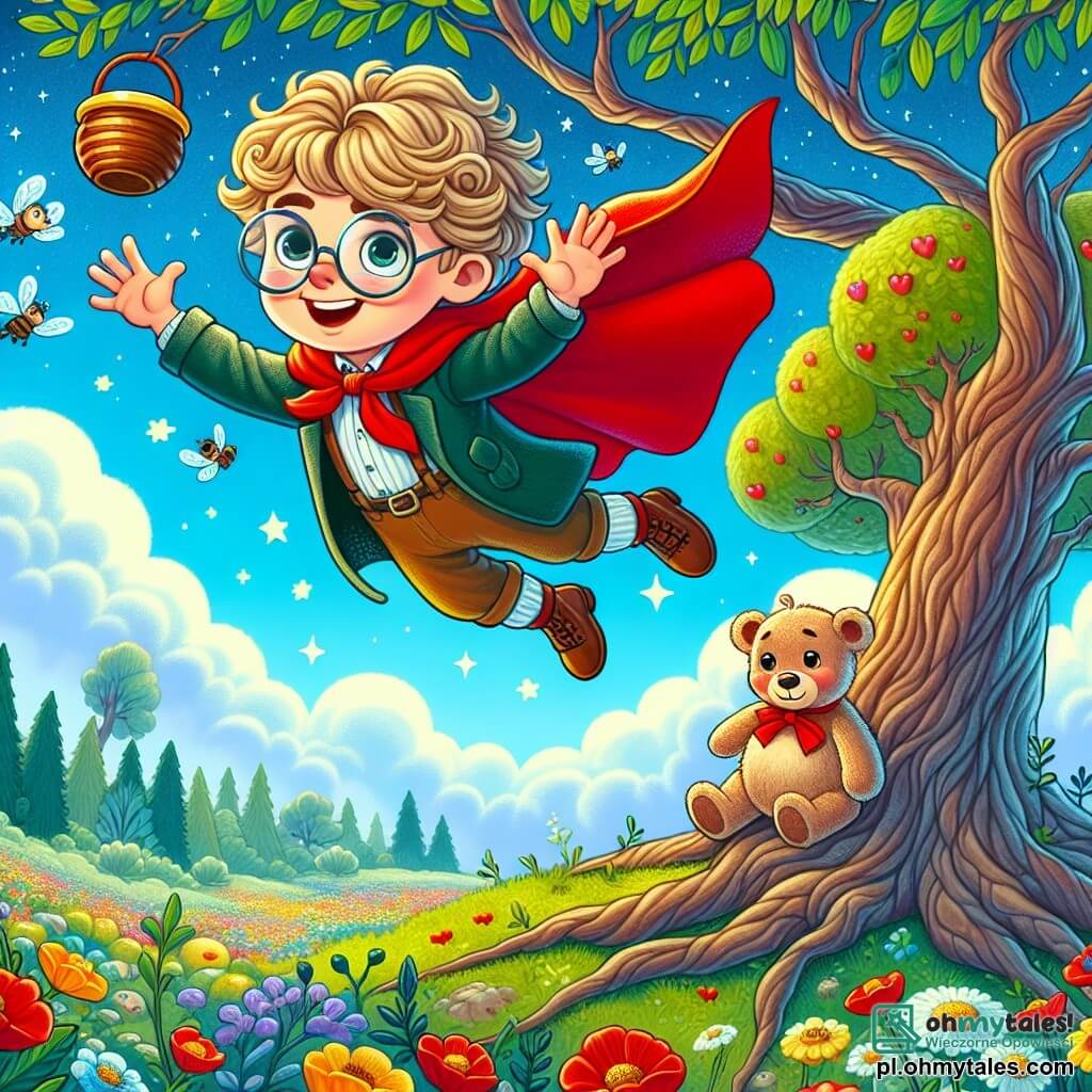 Super-Tomek to młody człowiek z blond, kręconymi włosami, noszący czerwoną pelerynę, która powiewa na wietrze. Ma okrągłe okulary i szeroki uśmiech, pokazujący jego determinację i radość, gdy leci w powietrzu z otwartymi ramionami nad majestatycznym drzewem. Obok niego Miś Maćko, jasnobrązowy miś pluszowy z małą czerwoną kokardką na szyi, patrzy w górę z błyszczącymi oczami pełnymi ekscytacji. Siedzi na gałęzi, czekając na powrót Super-Tomka z upragnionym słoikiem miodu. Miejsce to czarujący krajobraz, pełen kolorowych kwiatów tańczących na wietrze, z puszystymi chmurami i jasnoniebieskim niebem. Grube pnie drzew i bujne zielone liście otaczają scenę, tworząc magiczną atmosferę. Główna sytuacja pokazuje Super-Tomka przelatującego nad drzewem, trzymającego słoik miodu w rękach, podczas gdy Miś Maćko z entuzjazmem go zachęca, gotowy do wspólnego świętowania ich zwycięstwa.