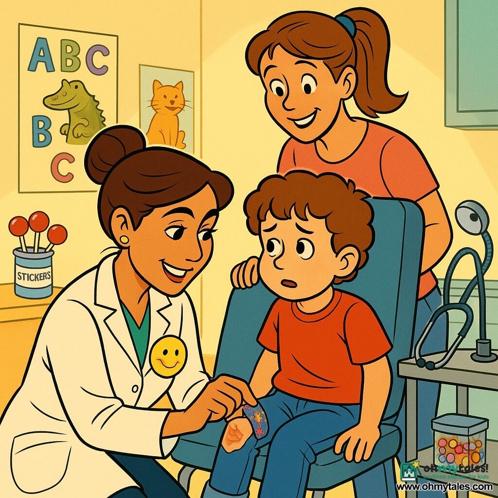 A smiling, compassionate South Asian woman doctor with brown hair in a bun and a white coat bearing a large yellow smiley badge near her heart kneels to gently place a star-patterned colorful bandage on the scraped knee of a worried-then-relieved 7-year-old boy with curly brown hair in jeans, who sits on an exam chair at the doctor's level and looks at the badge, while his fair-skinned mother (about 30–35) with a ponytail stands behind the chair, hands on the backrest, smiling and relieved; the bright, welcoming exam room has pale yellow walls, animal and alphabet posters, a small table with jars of lollipops and stickers, and a metal cart with a stethoscope and exam lamp, the warm light creating a reassuring atmosphere.