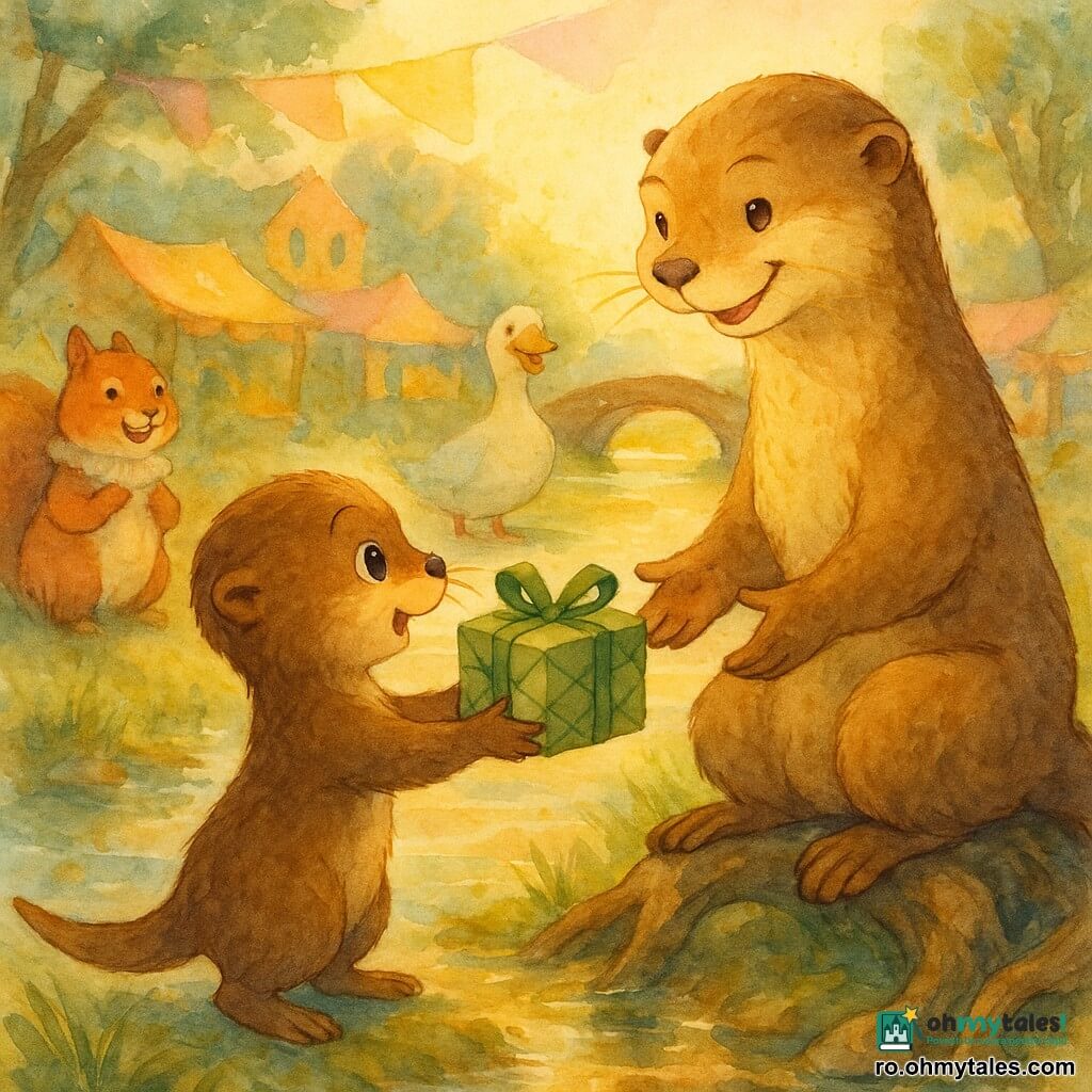 Nino, o vidră tânără cu mustăți fine și ochi rotunzi și strălucitori, zâmbind concentrat, ține delicat o cutie făcută din frunze împletite și o întinde mamei sale; Mara, o vidră adultă cu blană brun-aurie, chip blând și zâmbet cald, stă pe o bancă de rădăcini lângă apă cu mâinile deschise să primească darul; în fundal, câteva prietene din sat — o veveriță cu obrajii rotunzi și o rață cu guler — privesc surprinse de lângă un pod de rădăcini; malul unei râului strălucitoare cu iarbă verde umedă, pietre netede, tarabe colorate în depărtare și panglici pastel plutind deasupra; scena principală este oferirea unui cadou de Ziua Mamei, Nino întinzând cutia cu emoție discretă, Mara pregătindu-se să o primească, atmosferă tandră și intimă, lumini aurii de seară și reflexii acuarelă pe apă.