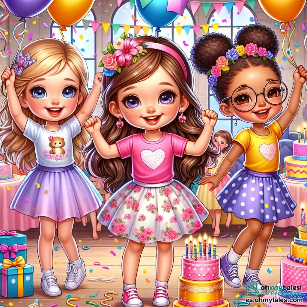 Hay tres personajes principales: 1. **Luna**: una niña de cuatro años con largos cabellos castaños y ojos brillantes. Lleva una bonita camiseta rosa y un short de flores. Está en el centro de la imagen, sonriendo, sosteniendo globos de colores en sus manos. 2. **Sofía**: una niña de cuatro años con trenzas rubias y gafas redondas. Lleva un vestido azul con lunares blancos. Está a la izquierda de Luna, lanzando serpentinas al aire con una gran sonrisa. 3. **Valentina**: una niña de cuatro años con cabellos negros rizados y una diadema colorida. Lleva una camiseta amarilla y una falda violeta. Está a la derecha de Luna, bailando alegremente con los brazos en alto. La escena tiene lugar en una sala de fiesta decorada con globos multicolores y serpentinas colgadas del techo. Al fondo, hay una gran mesa adornada con un hermoso pastel de cumpleaños de colores vivos, con velas brillantes. La situación principal muestra a las tres amigas en plena celebración, rodeadas de risas y alegría, listas para cantar "Feliz Cumpleaños" a Luna, mientras amigos y familiares las observan con sonrisas felices.