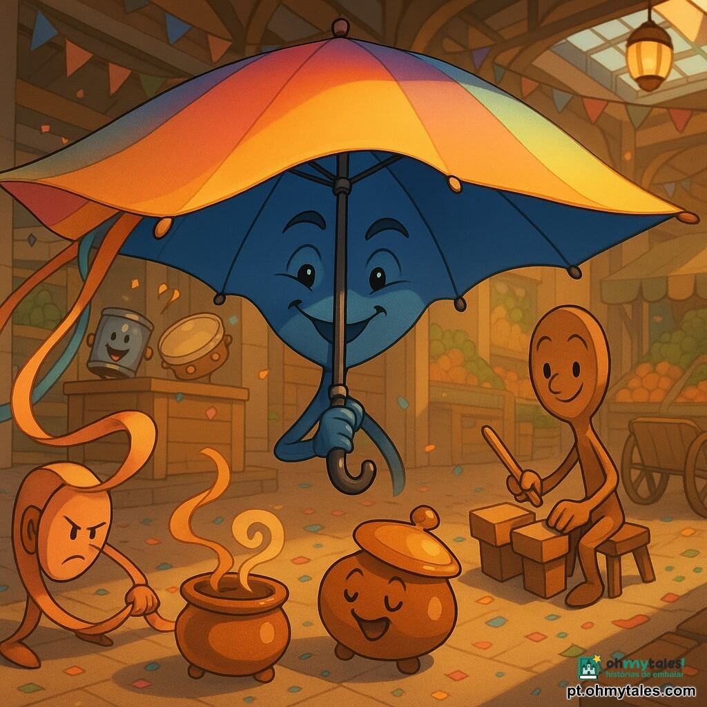 Um grande guarda-chuva antropomórfico (tipo sombrinha de tecido azul-marinho com pontas prateadas) ao centro, rosto bordado com sobrancelhas e olhos risonhos, expressão determinada e benevolente, segurando aberto sobre um amplo tecido multicolorido "Aurora" como um teto, postura protetora e leve brilho metálico no cabo; à esquerda, um rolo de fitas animado, desenrolado em degradês de aurora (pêssego, laranja suave, amarelo pálido), concentrado e ágil, prende os cantos do tecido ao chão; à direita, uma grande colher de pau antropomórfica com traços arredondados e sorriso aplicado, batendo em duas caixinhas para marcar o ritmo, próxima ao solo; à frente, um pote de canela pequeno e rechonchudo com tampa dourada inclinada, vapor aromático em volutas castanhas e douradas, expressão doce e acolhedora; atrás, um tamborzinho metálico e um pandeiro sobre uma plataforma improvisada de caixas de madeira, chocalhos e baquetas em movimento, músicos animados; ao fundo direito, um velho carrinho de mão carregado de enfeites, rodas meio presas, personagem útil e sossegado perto das barracas. O cenário é um mercado coberto animado: corredores estreitos, bancas de madeira com frutas coloridas, cestos de legumes, caixas empilhadas, lanternas de vidro pendentes, bandeirolas e confetes no chão, luz quente de fim de tarde filtrando pelas claraboias. A cena principal é uma pequena parada de carnaval: o guarda-chuva protege o tecido Aurora agitado pela brisa, fitas e confetes rodopiam, os objetos do mercado colaboram alegremente, atmosfera festiva com cores de aurora, texturas em cel-shading, sombras suaves e contornos marcados, composição centrada e expressividade calorosa.