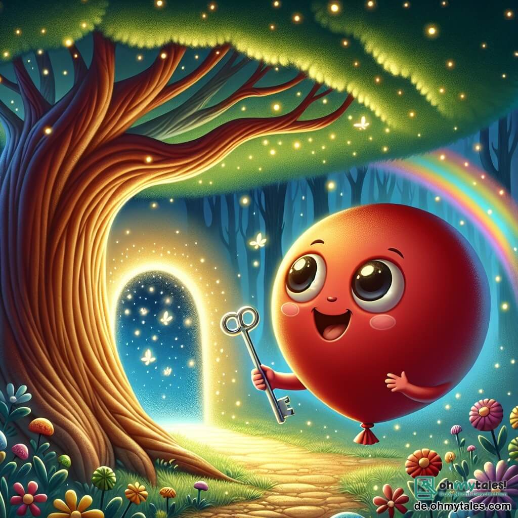 Ein kleiner roter Ballon, rund und lächelnd, mit großen, neugierigen Augen, springt fröhlich in der Bildmitte und hält einen glänzenden silbernen Schlüssel in seinen kleinen "Händen". Er zeigt große Aufregung und ein Gefühl von Abenteuer. Rechts von ihm steht ein majestätischer großer Baum mit einem dicken Stamm und üppigem grünem Laub, der den Ballon weise und wohlwollend beobachtet. Seine Äste breiten sich wie schützende Arme aus, und er ist von kleinen Glühwürmchen umgeben, die funkeln und der Szene einen magischen Touch verleihen. Die Kulisse ist ein verwunschener Garten, durchflutet von goldenem Licht, in dem bunte Blumen sanft im Wind tanzen. Ein strahlender Regenbogen spannt sich über ihnen und schafft eine traumhafte, geheimnisvolle Atmosphäre. Die Hauptsituation zeigt den kleinen roten Ballon, der bereit ist, ein geheimnisvolles funkelndes Portal zu öffnen, mit dem silbernen Schlüssel erhoben, während der weise Baum ihn ermutigt, die Wunder zu entdecken, die ihn auf der anderen Seite erwarten.