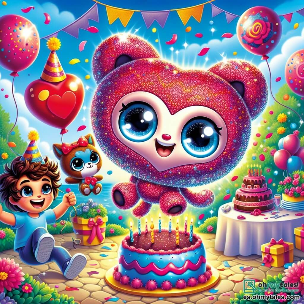 Pipo, un globo de cumpleaños en forma de corazón, flota alegremente en el centro de la imagen, con una gran sonrisa y ojos brillantes de emoción. Es de color rojo y rosa, con motivos de confeti brillante en su superficie. A su derecha, Lucas, un niño pequeño con cabello castaño y rizado, lleva un sombrero de fiesta colorido y una camiseta azul. Está saltando de alegría, con una gran sonrisa en el rostro, listo para celebrar el cumpleaños de su amigo. A la izquierda, Sofía, un adorable gato de peluche con un pelaje suave y ojos brillantes, está sentada en una mesa decorada con serpentinas y globos. Parece encantada, levantando una pata como si quisiera aplaudir. El decorado es un jardín encantador, lleno de flores coloridas, globos flotando en el cielo azul y una gran mesa con un magnífico pastel de chocolate decorado con velas brillantes. La escena principal muestra a Pipo rodeado de sus amigos, todos listos para cantar "Feliz Cumpleaños", con estrellas doradas cayendo del cielo, creando una atmósfera mágica y festiva.
