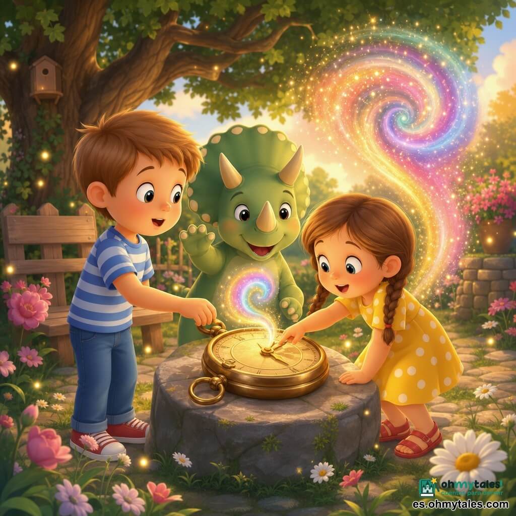 Hay tres personajes: Lucas, un niño de unos 7 años con pelo castaño claro corto, camiseta a rayas azul y blanca y vaqueros, a la izquierda con la mano sobre un reloj antiguo de latón brillante y mirada maravillada hacia un portal; Clara, una niña de unos 6 años con trenzas morenas, vestido amarillo de lunares blancos y sandalias rojas, a la derecha inclinada hacia el reloj, sonriendo y señalando una aguja dorada con curiosidad; y Tito, un pequeño triceratops amistoso de piel verde clara con manchas crema, cuernos redondeados y ojos grandes y suaves, en el centro detrás de los niños, levantando una pata como saludando. Lugar: jardín de la abuela al final de la tarde con flores silvestres rosas, margaritas blancas, banco de madera gastado, camino de piedras, un gran roble y algunas luciérnagas. Situación: los niños giran las agujas del reloj antiguo sobre una piedra; frente a ellos se abre una espiral luminosa multicolor con partículas doradas brillando y el triceratops emerge del vórtice en un gesto tierno; atmósfera cálida, colores pastel vivos y sensación mágica y segura.