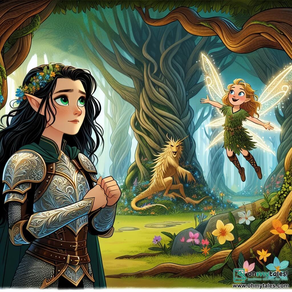 Elara, a brave young woman around 20 years old, stands proudly at the center of the image. She has long black hair, sparkling green eyes filled with determination, and wears shimmering armor adorned with floral patterns. Her expression is focused and resolute as she wields a glowing sword emitting a soft light. Beside her, Nixie, a small fairy with bright wings, joyfully flits in the air. She has golden hair and a mischievous face, seemingly encouraging Elara with a big smile. A bit further away, Zephyrus, a majestic dragon with emerald green scales, stands on a rock, his wise eyes observing the scene kindly. The setting is the enchanted forest of the Whispering Woods, where gigantic trees with gnarled trunks rise toward the sky, their leaves sparkling in the sunlight. Colorful flowers and magical creatures hide in the bushes, adding a touch of mystery to the environment. The main situation shows Elara in action, ready to confront Malakar, the evil sorcerer, who emerges from the shadows with a menacing expression. Shadows dance around him as Elara, with Nixie and Zephyrus by her side, prepares to defend her kingdom with bravery and determination.