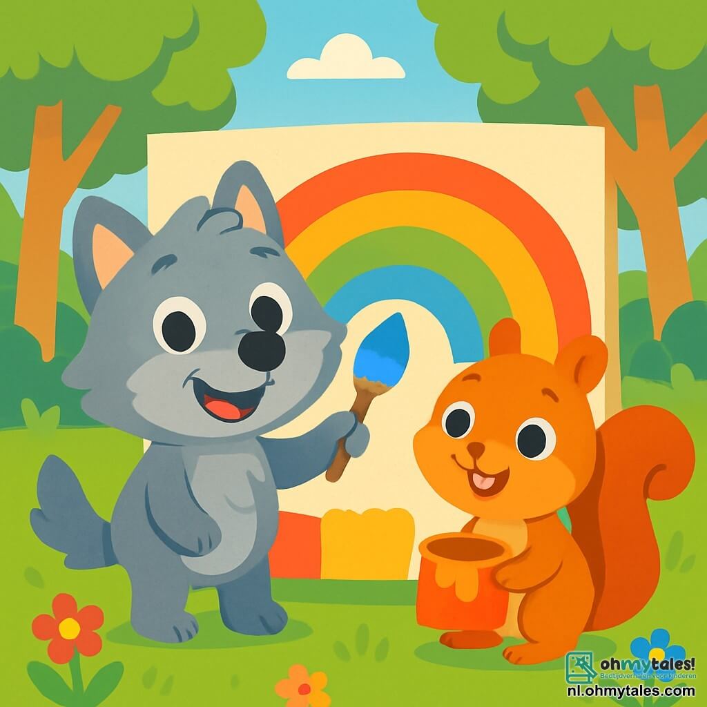 Kleine Wolf, een zachte grijze wolf met grote glanzende ogen en een blije glimlach, schildert een muur met heldere kleuren. Hij is enthousiast en gelukkig, met een blauwe kwast in zijn poot. Eekhoorn, een klein bruin eekhoorntje met sprankelende ogen, staat naast hem met een pot oranje verf. Hij glimlacht opgewonden, klaar om zijn bijdrage aan de muurschildering te leveren. De locatie is een zonnige open plek in het bos, omringd door groene bomen met stralende bladeren, en kleurrijke bloemen die in de wind dansen. De grond is bedekt met zachte grassprieten. De hoofdsituatie toont de dieren van het bos, elk schilderend zijn kleur op de muur en creëert een prachtige regenboogmuurschildering, symbool van hun diversiteit en vriendschap.