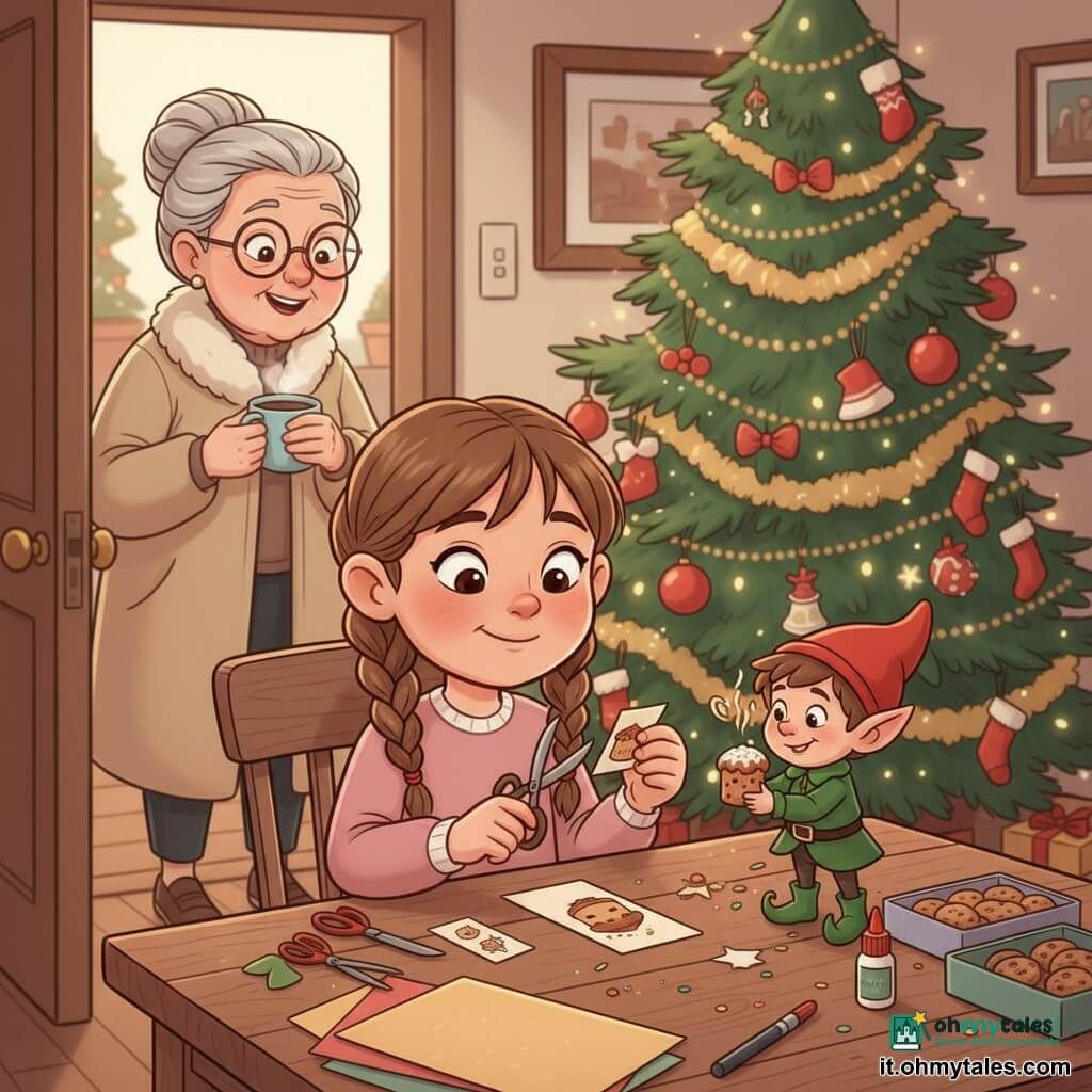 Bambina di 8 anni, volto rotondo, capelli castano chiaro in due trecce, occhi grandi e brillanti, sorriso malizioso; tiene delle forbici e incolla un disegnino su un segnalibro, seduta davanti a un tavolo ingombro. Il folletto birichino Lillo, elfo minuscolo (~10 cm), pelle chiara, cappello a punta rosso, stivaletti ricurvi e giacca verde, espressione maliziosa, è in piedi sul tavolo vicino ai pennarelli e incolla un panettone in versione cartone su un altro segnalibro. Donna anziana di circa 75 anni, capelli grigi raccolti a chignon, occhiali tondi, cappotto chiaro, sorride dall’anta della porta tenendo una tazza di cioccolata calda. Salotto natalizio caldo: grande albero con ghirlande dorate e palline rosse, lucine scintillanti, calze appese, scatola di biscotti aperta, fogli colorati, forbici, colla e glitter sparsi sul tavolo di legno. Scena di complicità: la bambina e il folletto creano insieme segnalibri divertenti da regalare; luce calda, atmosfera gioiosa e giocosa, composizione centrata sul tavolo con l’albero sfocato sullo sfondo. Stile: linee nette, colori vivaci, texture morbide, espressioni leggibili, proporzioni infantili e folletto volutamente minuscolo per accentuare il lato magico.