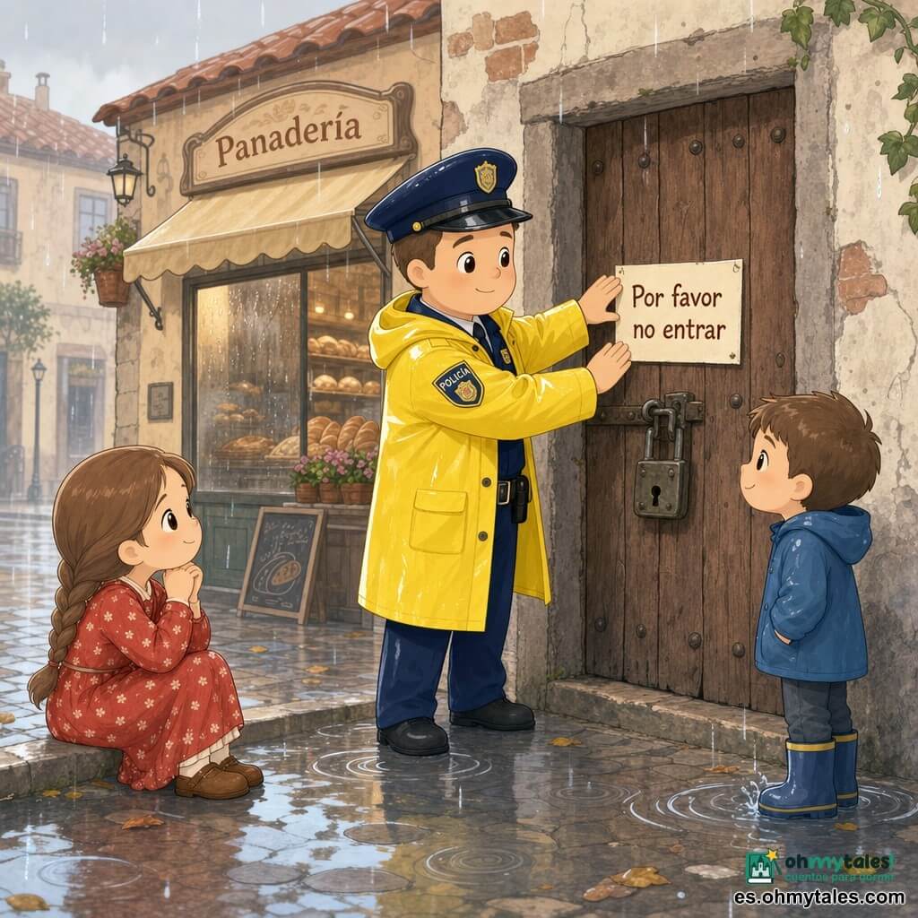 Un policía de unos 35 años, rostro redondo, piel clara y sonrisa amable, con uniforme azul, impermeable amarillo y gorra, pega un cartel «Por favor no entrar» en una vieja puerta de madera con un gran candado, postura tranquila; a la derecha, un niño de unos 6 años de cabello castaño corto, sonrisa curiosa, juega con una charca con sus botas y mira al policía; a la izquierda, una niña de unos 8 años con trenzas y vestido rojo de pequeñas flores está sentada en el bordillo con las manos juntas, atenta y tranquila; al fondo una pequeña panadería con escaparate empañado y un letrero «Panadería», calle empedrada con charcos relucientes y hojas húmedas; cielo gris con lluvia fina formando círculos en los charcos; atmósfera cálida y segura, colores pastel, contornos suaves y luz tenue; la escena muestra al policía protegiendo y explicando, los niños escuchando, subrayando la seguridad y el respeto del lugar.