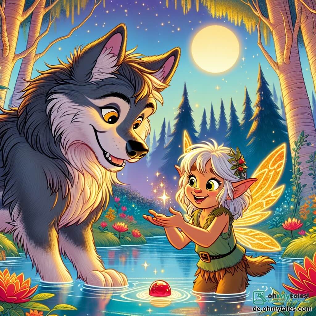 Ein Werwolf namens Lupo, mit weichem grauem Fell, großen sanften Augen und einem warmen Lächeln, steht am Ufer eines glitzernden Teiches. Er zeigt Wohlwollen und Neugier, während er aufmerksam eine kleine Elfe betrachtet. Lumi, die Elfe, ist ein etwa 8-jähriges Mädchen mit funkelnden Flügeln und goldenen Haaren. Sie hat einen Ausdruck von Freude und Aufregung und hält in ihren Händen einen kleinen leuchtend roten Stein, ihren wertvollen gefundenen Schatz. Der Ort ist ein geheimnisvoller Sumpf, gefüllt mit großen, knorrigen Bäumen, bunten Blumen, die im Licht der untergehenden Sonne leuchten, und Wasserreflexionen, die an der Oberfläche des Teiches tanzen. Die Hauptsituation zeigt Lupo und Lumi, die die Entdeckung des magischen Steins feiern, umgeben von der verzauberten Schönheit des Sumpfes, was ihre Freundschaft und die bevorstehenden Abenteuer symbolisiert.