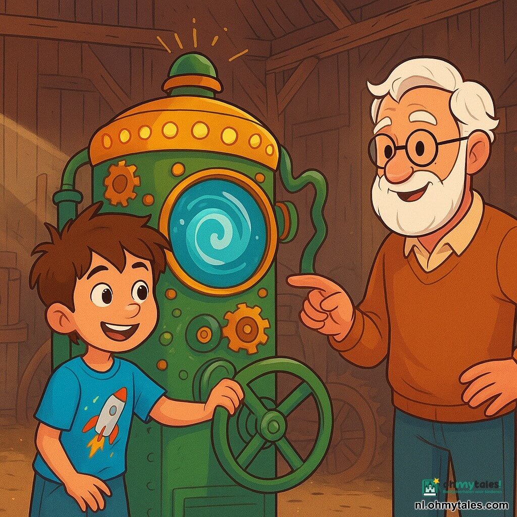 Een 8-jarig jongetje, genaamd Mats, met rommelig bruin haar en nieuwsgierige ogen, staat voor een grote tijdmachine. Hij draagt een blauwe T-shirt met raketpatronen en een spijkerbroek, met een verwonderde glimlach en een opgewonden blik. Naast hem staat een oude man, zijn grootvader, met een witte baard en ronde bril, die trots glimlacht terwijl hij hem advies geeft. Ze bevinden zich in een oude houten schuur, vol stof en antieke voorwerpen, met stralen licht die door de kieren in de muren komen. De scène toont Mats die aan een grote groene hendel van de machine draait, klaar om een sprongetje in de tijd te maken, terwijl glanzende tandwielen en knipperende lichten de machine omringen, wat een magische en intrigerende sfeer creëert.