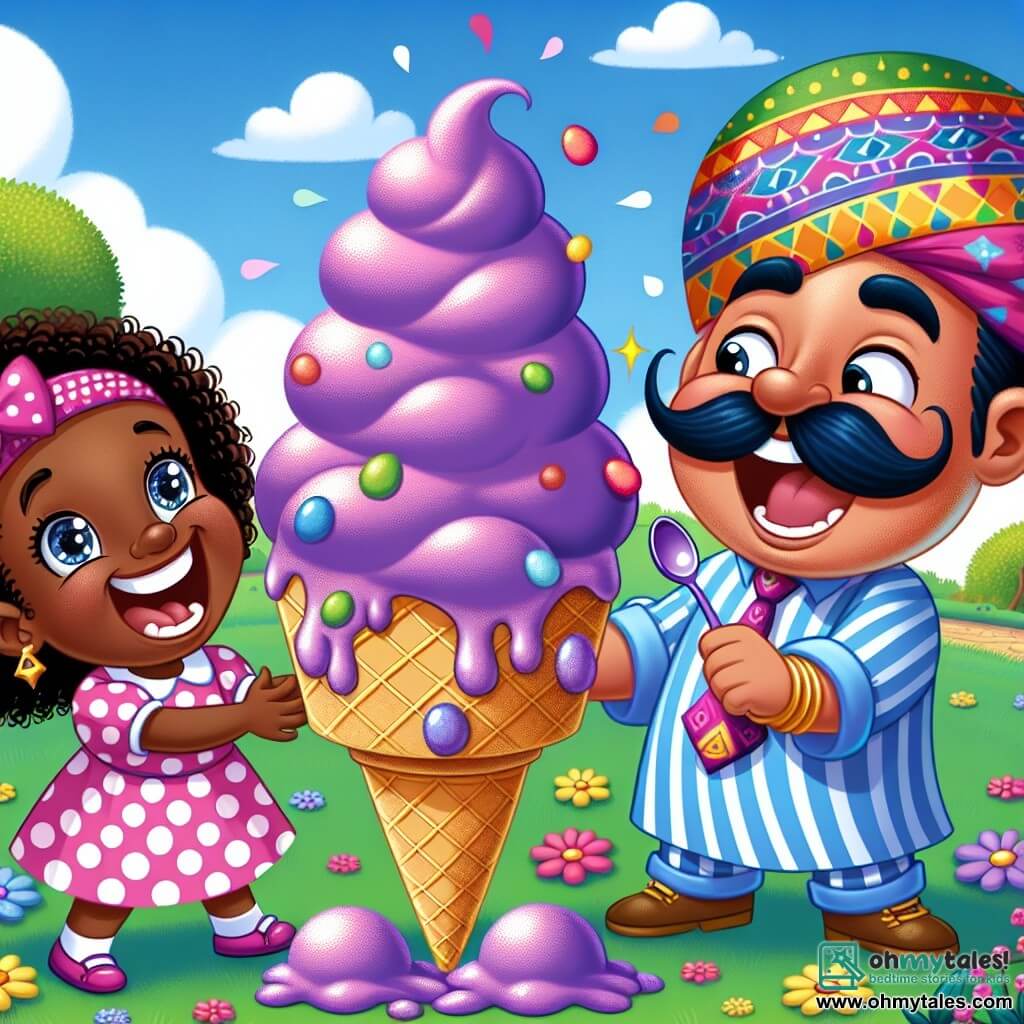 A 2-year-old girl with big sparkling eyes and curly hair is laughing heartily. She wears a colorful polka-dot dress and holds a huge purple ice cream cone overflowing with ice cream. Next to her is Wacky Willy, a funny man in his 30s with a large colorful hat and a silly mustache, smiling while waving a small spoon. They are in a sunny park filled with green trees and bright flowers, with splashes of purple ice cream on the grass and tree trunks. The scene shows Mia and Wacky Willy having fun sharing ice cream scoops, creating a joyful and colorful party under a blue sky.