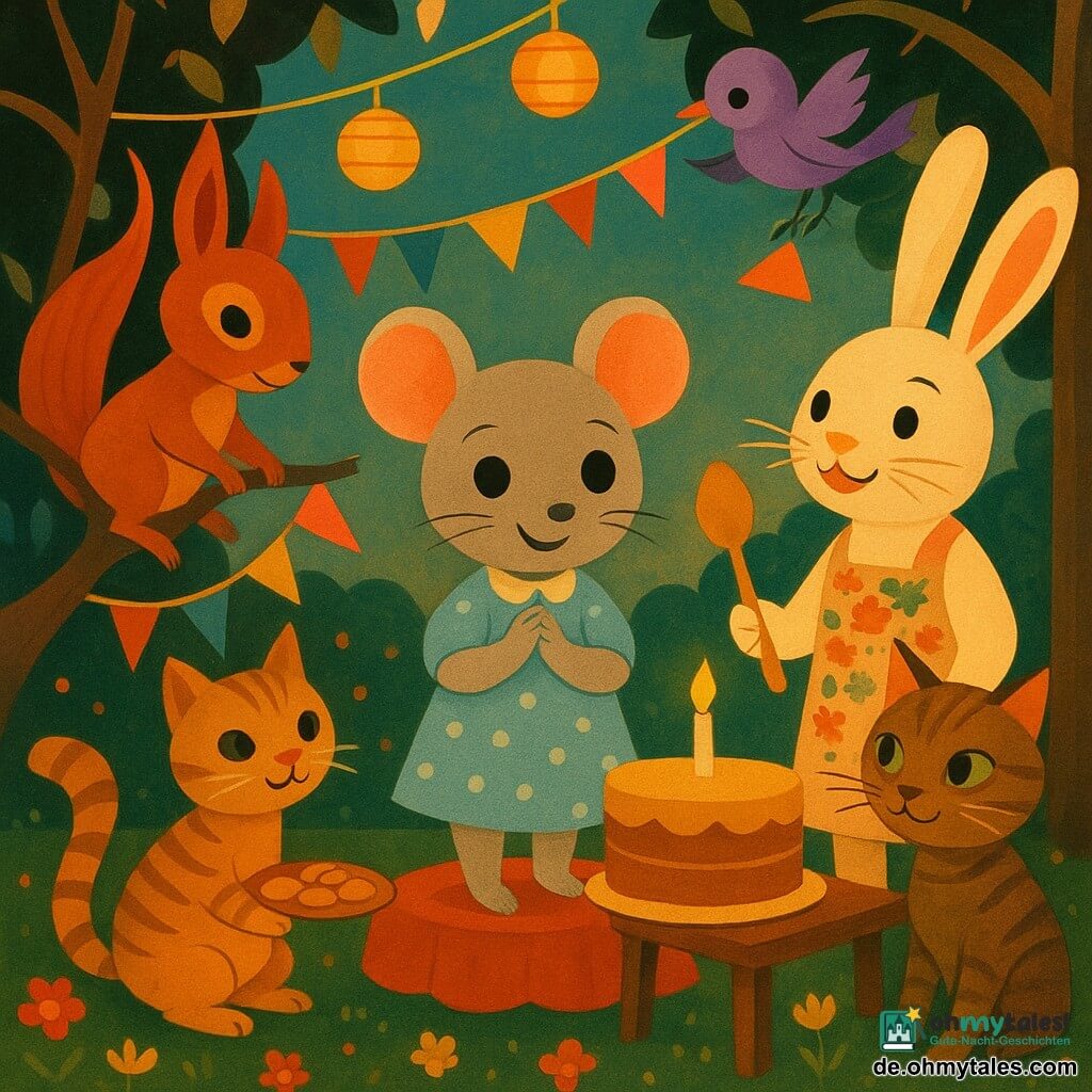 Milla, kleine graue Maus mit weichem Fell, runden glänzenden Augen und hellblauer gepunkteter Kleidung, steht auf einem roten Kissen mit schüchternem Lächeln und gefalteten Händen und hält eine kurze Rede; daneben Emil, roter Eichhörnchen mit langen Ohren, hängt bunte Bänder an einem linken Ast, Hops, großer weißer Hase mit Schnurrhaaren und geblümter Schürze, lächelt und hält einen Löffel neben einem Kuchen auf einem Tisch rechts, Kira, ruhige getigerte Katze mit grünen Augen, trägt ein Tablett mit Kerzen und steht am Kuchen bereit, Violeta, kleiner violetter Vogel mit ausgebreiteten Flügeln, fliegt über die Szene und hält eine Wimpelkette, Susi, kleine braune Schildkröte mit gemusterter Panzer, sitzt im Vordergrund mit einem Teller Kekse und liebevollem Blick; Ort: Garten in der Dämmerung mit grüner Wiese und Blumen, Lichterketten zwischen Bäumen, bemalte Holztische und sanft leuchtende Papierlaternen; Stimmung: intime, fröhliche Geburtstagsfeier, warme bunte Atmosphäre, Freunde versammelt um Milla, reich an Texturen (Holz, Stoff, Fell, Papier) in einfachen, geometrischen Art-déco-Formen, klaren Konturen, warmen kontrastreichen Farben und sanfter Dämmerungsbeleuchtung.