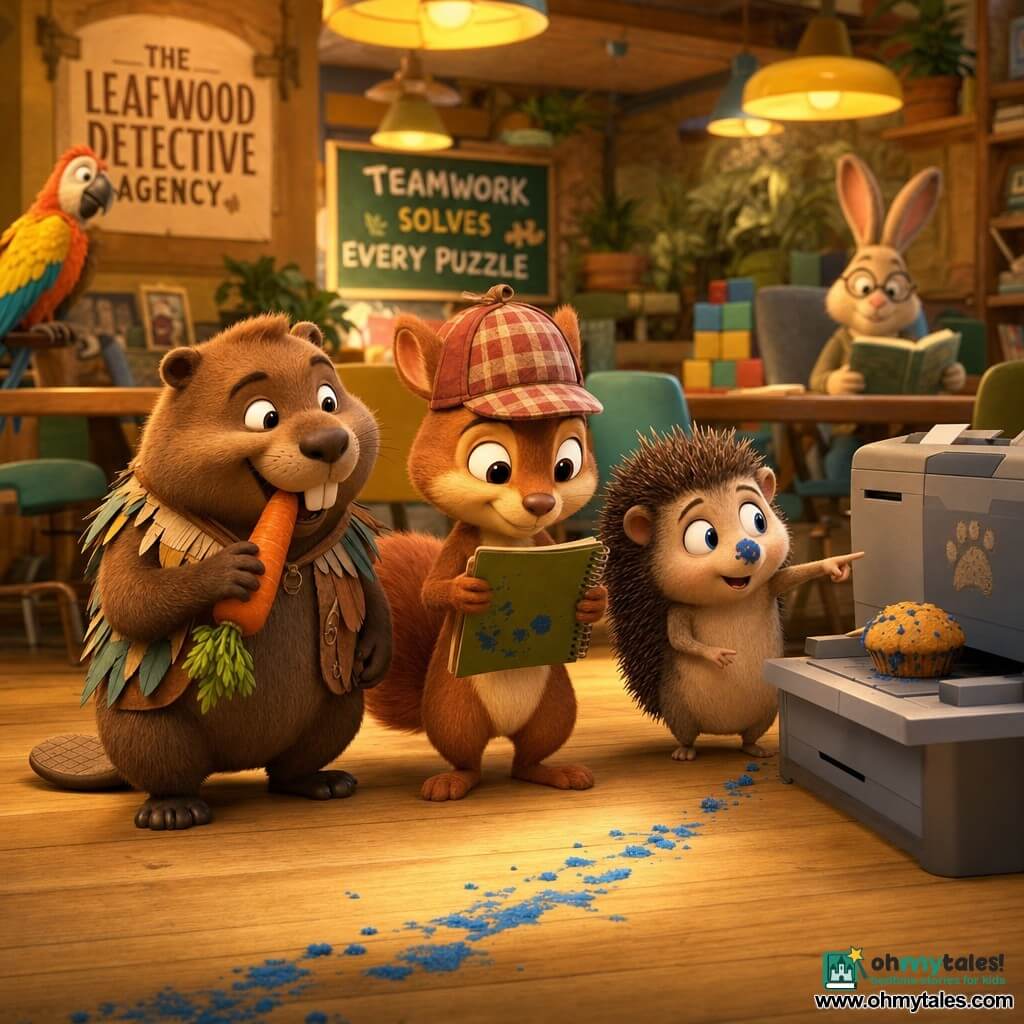 Milo, a small detective squirrel, is centered looking focused and kind, wearing a red-and-beige check hat, bright eyes, soft red fur and holding a green notebook stained with blue crumbs; to his left Benny, a round smiling beaver, chews an orange carrot and looks ready to help; to his right Tiny Tim, a tiny embarrassed hedgehog with a blue-stained nose and rounded quills, points to a gray printer with a crushed muffin on it; a warm coworking space fills the background with light wood tables, colorful chairs, stacked blocks, potted plants and hanging yellow lights, blurred animals for depth; blue crumbs form a visible trail on the floor and a paw print marks the printer, creating a joyful, softly lit scene with plush textures and warm colors.