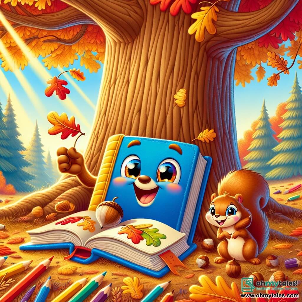 Nibbles, a cheerful little notebook with bright blue covers and a shiny yellow binding, sits under a large oak tree, its pages open and fluttering in the wind. It has a big smile on its face, its eyes sparkling with excitement as it draws colorful autumn leaves with its orange, red, and gold crayons. Next to it, Nutty, a mischievous little squirrel with brown fur and a bushy tail, is nibbling on a hazelnut, her eyes shining with curiosity and joy. She stands on a low branch of the tree, watching Nibbles with a knowing smile. The setting is an enchanted forest in the midst of autumn, where trees are adorned with vibrant leaves in shades of red, orange, and yellow, and the ground is covered with a carpet of crunchy leaves. Sunbeams filter through the branches, creating glimmers of golden light. The main scene shows Nibbles and Nutty sharing a moment of discovery, with Nibbles captivated by the beauty of the autumn colors he is drawing, while Nutty enthusiastically encourages him, illustrating friendship and the joy of exploration in this magical season.