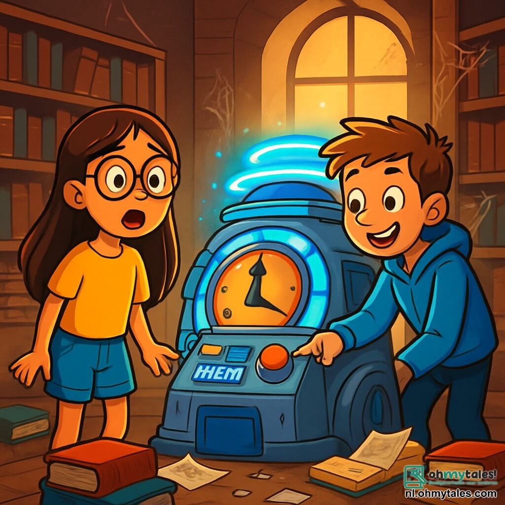 Er zijn 2 hoofdpersonages: - Noor: een 10-jarig meisje met lang bruin haar en een ronde bril. Ze draagt een felgele t-shirt en een spijkerbroek. Noor staat met verwonderde ogen voor een tijdmachine. - Daan: een 10-jarige jongen met kort, rommelig kastanjebruin haar. Hij draagt een blauwe hoodie en een zwarte broek. Daan leunt iets naar voren met een grote glimlach, klaar om op een knop van de machine te drukken. De situatie speelt zich af in een oude mysterieuze bibliotheek met grote houten planken vol oude boeken. Stralen licht filteren door de stoffige ramen en verlichten spinnenwebben in de hoeken. In het midden van de kamer staat een glanzende, futuristische tijdmachine, omringd door verspreide boeken en verfrommelde papieren. De hoofdscène toont Noor en Daan, gefascineerd door de tijdmachine, klaar om hen mee te nemen op avonturen door verschillende tijdperken. Ze staan zij aan zij, ongeduldig en nieuwsgierig, terwijl de machine een mysterieuze gloed uitstraalt, die buitengewone reizen belooft.