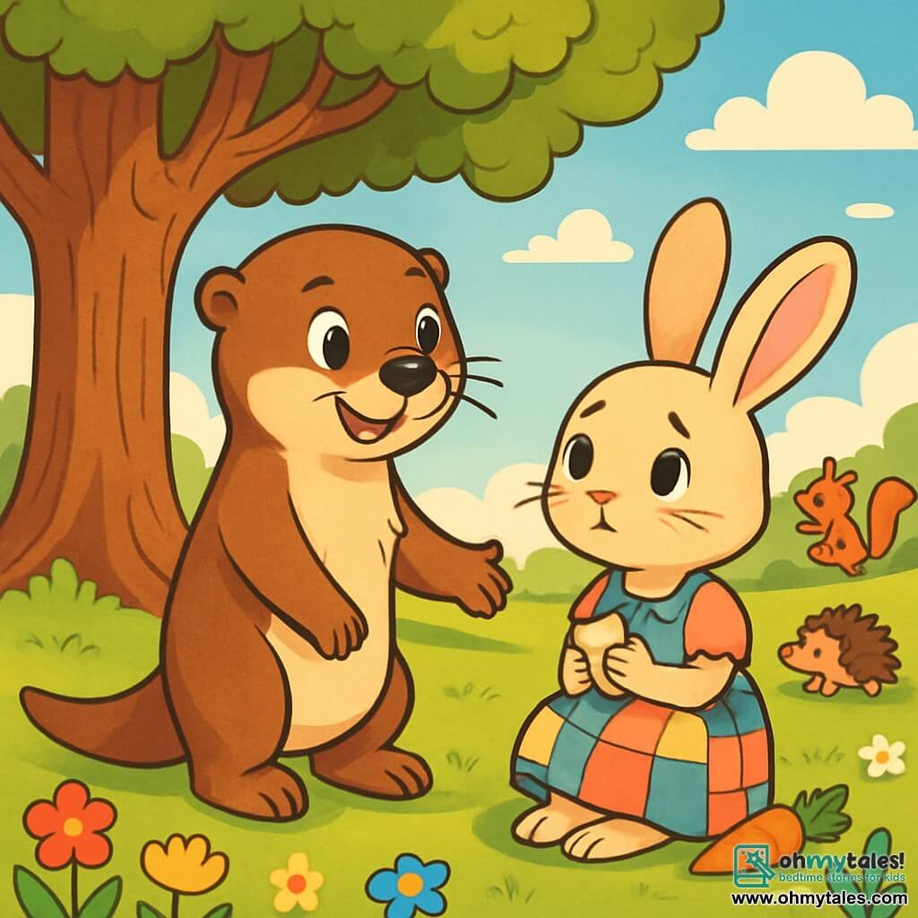 Oliver, a young otter with sparkling eyes and soft brown fur, stands under a large oak tree, looking curious and determined. He gazes at Bella, a small bunny with big ears, who sits on the grass with a shy and somewhat sad expression. Bella wears a colorful patchwork dress, her delicate paws holding a small piece of bread and a carrot. Their friends, a playful squirrel and a friendly hedgehog, are playing a little further away, but Oliver focuses on Bella, ready to invite her to join them. The scene takes place in a sunny park, with colorful flowers dancing in the breeze and a blue sky dotted with white clouds. Oliver reaches out to Bella, inviting her to share a moment with him, as the sun's rays illuminate their budding friendship.
