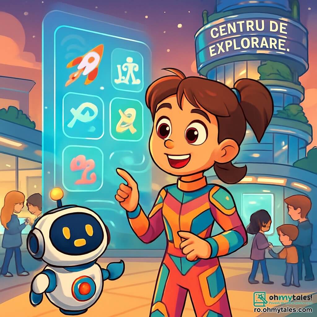 O fată de 12 ani, pe nume Mara, stă în centrul imaginii, cu ochii strălucind de curiozitate și un zâmbet larg pe față. Are părul castaniu, prins în două cozi, și poartă o combinație futuristă în culori vii, decorată cu motive geometrice. Mara se uită cu uimire la un ecran holografic care plutește în fața ei, afișând opțiuni de activități. Lângă ea, Pixel, robotul ei personal, este un robot mic și rotund cu lumini intermitente și un ecran zâmbitor, plutind ușor deasupra solului, gata să o însoțească în aventuri. În fundal, locul este Centrul de Explorare, un clădire futuristă în formă de turn, din sticlă și metal, cu grădini suspendate și lumini sclipitoare. Copii de toate vârstele se adună în jurul ecranelor interactive, creând o atmosferă vibrantă și dinamică. Situația principală o arată pe Mara, plină de entuziasm, alegând o activitate dintre opțiunile afișate, în timp ce holograme colorate dansează în jurul ei, reprezentând diferitele aventuri pe care le-ar putea trăi în această lume futuristă.