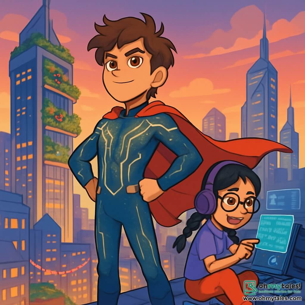A young man, Cale, stands on the roof of a massive skyscraper, the Verdant Spire, with a determined and confident look. He has messy brown hair, sparkling copper eyes full of energy, and wears a flowing red cape. His shimmering costume is adorned with reactive threads that glow in the sunset light. Next to him is a girl named Jazz, about 12 years old, sitting on a ledge surrounded by tech gadgets. She has braided black hair, round glasses, and a mischievous smile as she manipulates a small holographic screen with flashing data. The setting is a futuristic city with sparkling glass buildings, overflowing hanging gardens, and a sky vibrant with orange and purple hues, illuminated by party lights below. The main scene shows Cale ready to dive into action as he prepares to confront a mysterious villain threatening to silence the city. The atmosphere is electrifying, filled with tension and excitement, with shadows dancing around them.