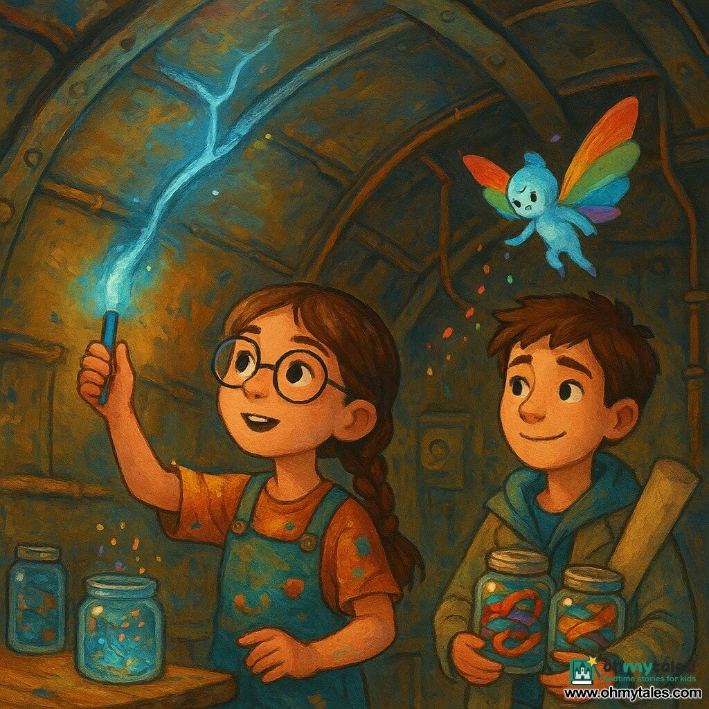 A determined, wide‑eyed 10‑year‑old girl with round glasses and a brown braid holds a small crystalline lamp pulsing pale blue and leans it toward a metallic vein in a sleeping dome; an about‑11‑year‑old boy, Kio, worried but smiling, stands beside her with glass jars of colored ribbons, wearing a cartographer's coat with a roll of maps under his arm; a small Paintling named Pip, wallpaper‑rain colored with rainbow wings, flutters above an open jar, sprinkling paint like fine droplets. They are inside a large mechanical chamber under the dome: curved metal ribs, exposed copper wires, glittering fringed joints and rows of jars on a worn wooden table; warm golden light glows where color reconnects the veins and bright filaments close with tiny luminous notes. The main action shows the girl gently pouring an azure ribbon from a jar into a dome vein while Kio readies the next jar and Pip scatters colored sparkles. Science‑fantasy textures of aged metal and vibrant paint, iridescent reflections and small magical sparks; acrylic painting style with visible brushstrokes, saturated palette (sky blue, pale gold, mint, purple), warm contrasts and charming childlike details.