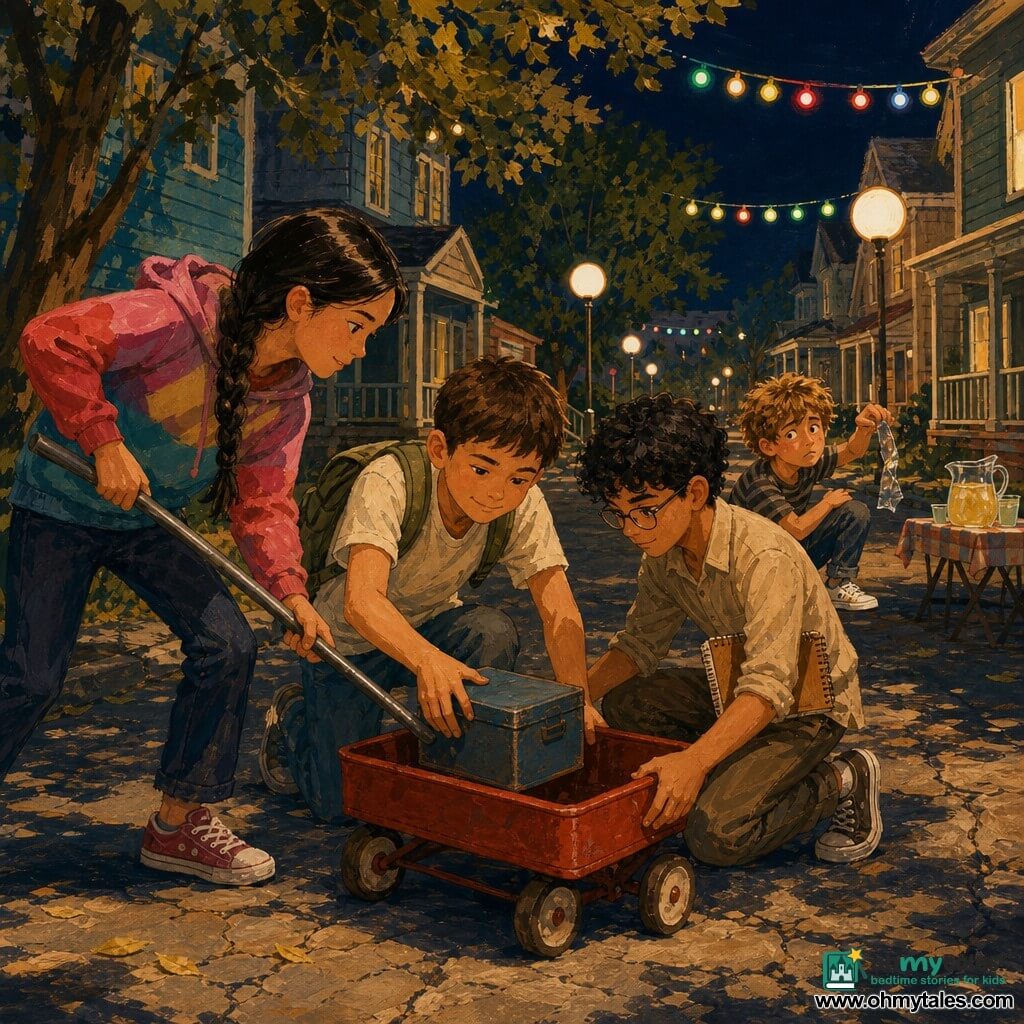 Four 11‑year‑olds kneel under warm lantern light on a 1960s neighborhood street: Milo, short brown hair and a confident smile, in a light T‑shirt and backpack, kneels by a small red cart pushing a blue tin ticket box forward; Zara, long black braid and a determined face in a colorful hoodie, leans from Milo’s left holding a metal pole as a lever; Jun, curly hair and glasses in a plain shirt with a notebook under his arm, steadies the cart’s right side with both hands; Cal, tousled hair and modern shiny white sneakers, crouches slightly behind them, guilty and worried, holding a thin shiny plastic strip he just discarded. Festive porch houses, round streetlamps, strings of colored bulbs, folding tables with lemonade and cracked sidewalk textures complete the tender, slightly tense rescue scene.