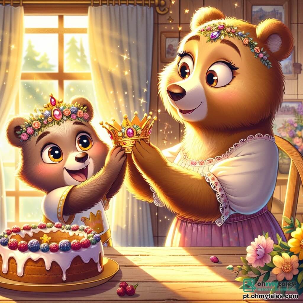 Um jovem urso chamado Pitoco, com pelagem castanho claro e olhos brilhantes de alegria, está segurando uma linda coroa de flores coloridas e pedras brilhantes, com um grande sorriso no rosto. Ao seu lado, sua mamãe, Dona Ursulina, uma ursa de pelagem suave e cremosa, com um olhar emocionado e lágrimas de felicidade nos olhos, admira a coroa que seu filho lhe oferece. O cenário se passa em uma charmosa cozinha de madeira, repleta de deliciosos aromas de bolos e flores, com raios de sol filtrando pelas janelas, iluminando o ambiente com luz dourada. A situação principal mostra Pitoco, todo animado, oferecendo a coroa à sua mamãe, que é tocada por esse gesto carinhoso e cheio de amor, criando um momento mágico e acolhedor entre eles.