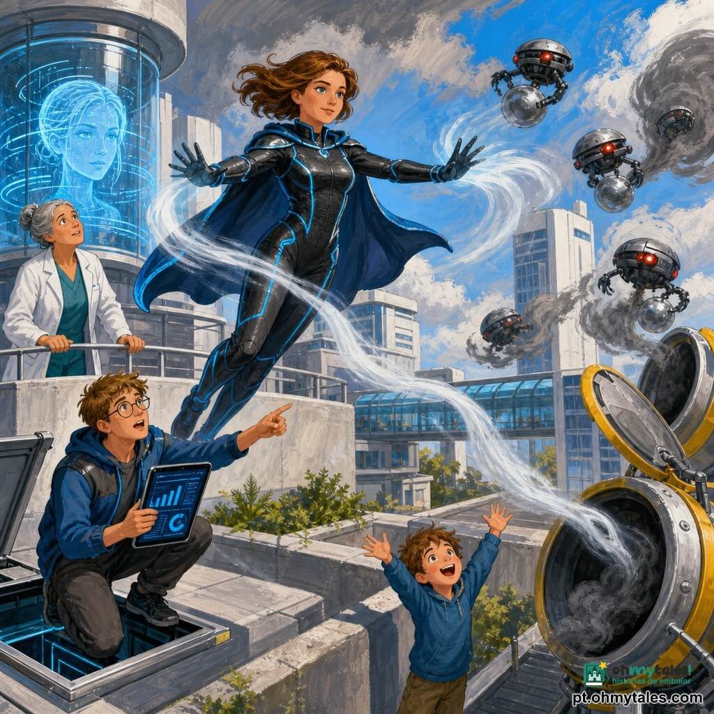 Heroína Íris, rosto determinado e sereno, expressão concentrada e benevolente; roupa preta com linhas azul‑elétricas brilhantes, capa curta e luvas; ela paira sobre o parapeito com os braços abertos, gerando correntes de ar visíveis como fitas brancas que aspiram fumaça cinzenta para grandes válvulas abertas. Médica ~55 anos, cabelos grisalhos presos, olhar preocupado mas aliviado, está atrás de Íris no telhado segurando a grade e observando a manobra. Residente homem ~28 anos, óculos redondos, pele clara, agachado perto de uma escotilha com tablet exibindo gráficos, monitora dados e aponta para os drones. Menino ~7 anos na rua abaixo, cabelos bagunçados, braços levantados rindo, olha para o céu. Presença holográfica CLARION: rosto feito de linhas azul‑pálido projetado acima de um grande cilindro transparente no telhado, expressão neutra‑curiosa com dados flutuantes ao redor. Drones metálicos redondos com luzes vermelhas, alguns segurando pequenas esferas prateadas (difusores), outros desorientados e rodopiando; traços de sopro e partículas. Local: terraço do Campus Médico Aurora, torres brancas e passarelas de vidro ao fundo, válvulas metálicas abertas com bordas amarelas, céu parcialmente cinza com abertura azul; texturas nítidas de concreto, metal e vidro. Cena dinâmica: Íris cria ventos visíveis para aspirar a fumaça e guiar os drones a recolher as esferas enquanto a equipe observa e a cidade respira; composição diagonal, contraste entre cinza da fumaça e azuis elétricos e branco, traços enérgicos e formas claras, voltada ao público jovem.