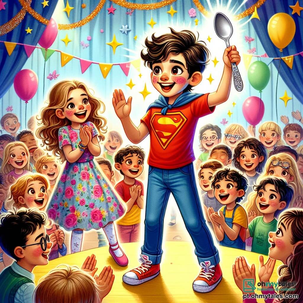 Um garoto de 11 anos, chamado Pedro, está em um palco colorido, com um grande sorriso e olhos brilhantes de excitação. Ele usa uma camiseta vermelha com um logo de super-herói e calças azuis, segurando uma colher em uma mão, fazendo objetos dançarem ao seu redor. Ao lado dele, uma menina de 10 anos, Ana, com cabelos longos e cacheados, aplaude entusiasticamente, com olhos brilhando de alegria. Ela veste um vestido florido e se posiciona um pouco à frente, encantada com a performance de Pedro. Ao fundo, um grupo de crianças da escola, com idades entre 9 e 12 anos, observa maravilhado, alguns rindo e outros tirando fotos. A cena acontece em uma sala de aula decorada com balões coloridos e guirlandas, com um grande painel escrito "Competição de Talentos" em letras brilhantes. Pedro, com sua colher mágica, faz livros e cadeiras dançarem, criando uma atmosfera alegre e cômica, enquanto vilões desajeitados tentam escapar ao fundo, adicionando um toque de humor à cena.