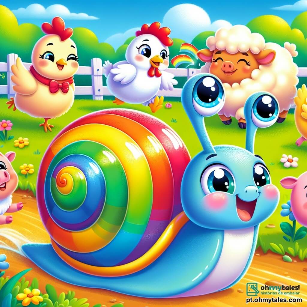 Um caracol colorido chamado Cacá, com uma concha brilhante em tons de azul e verde, sorri alegremente enquanto desliza lentamente na grama. Seus olhos cintilantes mostram seu entusiasmo enquanto participa de uma corrida divertida. Ao lado dele, Clara, uma galinha com penas brancas e douradas, bate as asas com empolgação, cantando para incentivar Cacá. Pipo, um porquinho rosa com uma pequena gravata borboleta vermelha, faz caretas rindo, enquanto Lili, uma doce ovelha lanosa com olhos redondos, salta de alegria, aplaudindo seu amigo. A cena acontece em uma linda fazenda ensolarada, cercada por flores coloridas e árvores verdejantes, com uma pequena cerca de madeira ao fundo. No centro, Cacá e seus amigos estão alinhados na linha de partida, prontos para uma corrida cheia de risos e amizade.