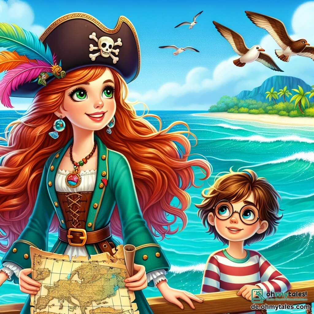 Clara, eine mutige Piratin von etwa 25 Jahren, steht stolz auf dem Deck ihres Schiffs, der „Sonnenschein“. Sie hat lange rote Haare, die im Wind wehen, leuchtend grüne Augen und trägt einen Piratenhut mit einer bunten Feder. Ihr Gesicht zeigt fröhliche Entschlossenheit, während sie den Horizont nach neuen Abenteuern absucht. An ihrer Seite ist Leo, ihr Freund und treuer Navigator, ein 10-jähriger Junge mit zerzausten braunen Haaren und runden Brillen, der eine alte Schatzkarte hält. Er sieht fasziniert und etwas nervös aus und schaut Clara bewundernd an. Die Szenerie zeigt ein schimmerndes türkisfarbenes Meer unter einem klaren blauen Himmel, mit sanften Wellen und Möwen, die über ihnen fliegen. Im Hintergrund ist eine grüne Insel mit Palmen und Bergen zu sehen, die ein Geheimnis birgt. Clara und Leo sind mitten in einem spannenden Abenteuer, während sie zu einer geheimnisvollen Insel segeln, um den legendären „Stern von Atlantis“ zu finden, umgeben von einem Gefühl der Aufregung und Neugier.