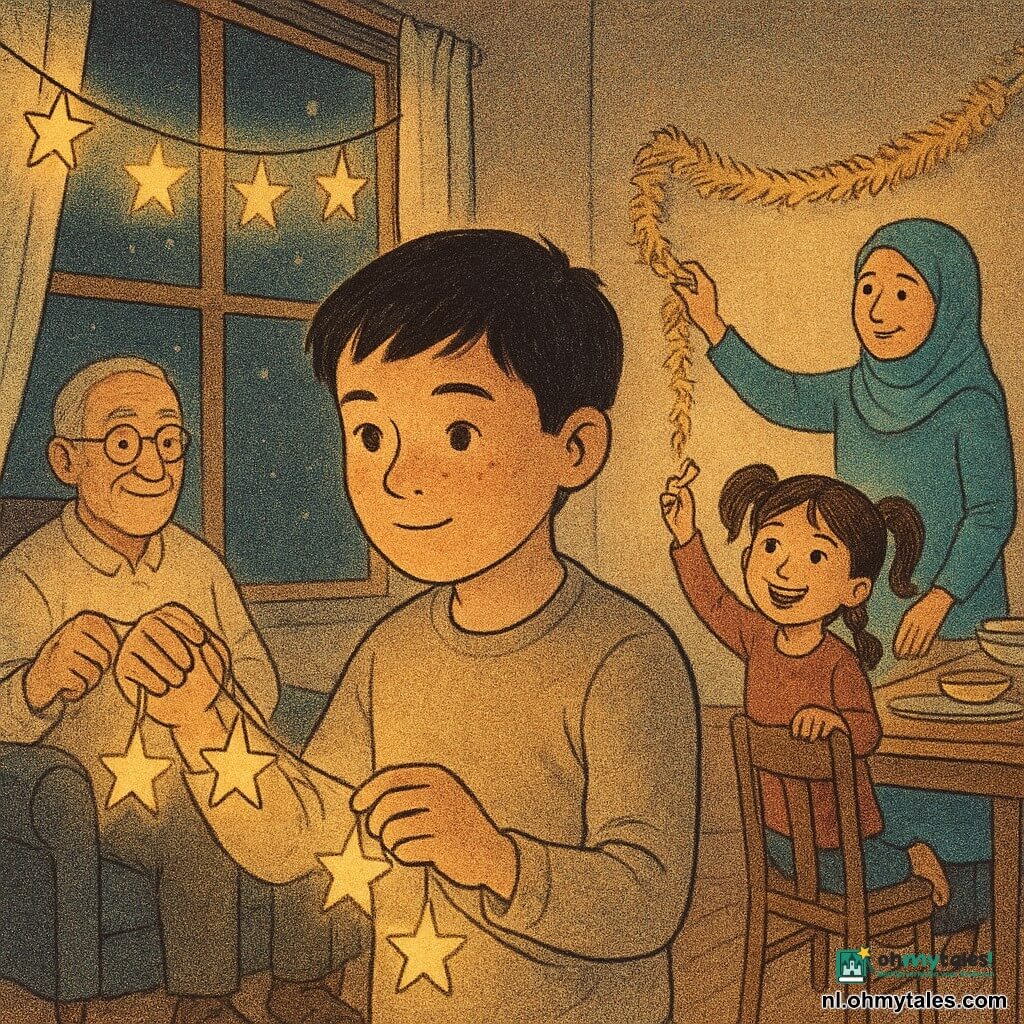 Een warm tafereel voor iftar: een 12-jarige jongen met rond gezicht en sproetjes, korte zwarte haren, geconcentreerd terwijl hij een slinger van gele sterlichtjes bij een raam ophangt; rechts springt de 8-jarige Noor met bruine paardenstaartjes en een guitige glimlach terwijl ze een gouden slinger aan een stoel bevestigt; links zit de grootvader (±70) met gerimpelde warme huid, lichtgrijs haar en ronde bril in een fauteuil, een dikke servet op schoot en trots kijkend; op de achtergrond staat de moeder (±35) met turkooizen hijab aan de tafel en legt borden neer. De kamer is een nachtelijke eet-/woonruimte met lichte houten tafel, dampende soepkommen, dikke servetten, kleine metalen lantaarns, lichte gordijnval en pastelkleurige muren waarop zachte schaduwen van de slinger vallen; warme ocre- en ambertonen met turkooisaccenten en een licht korrelige krantpapiertextuur.