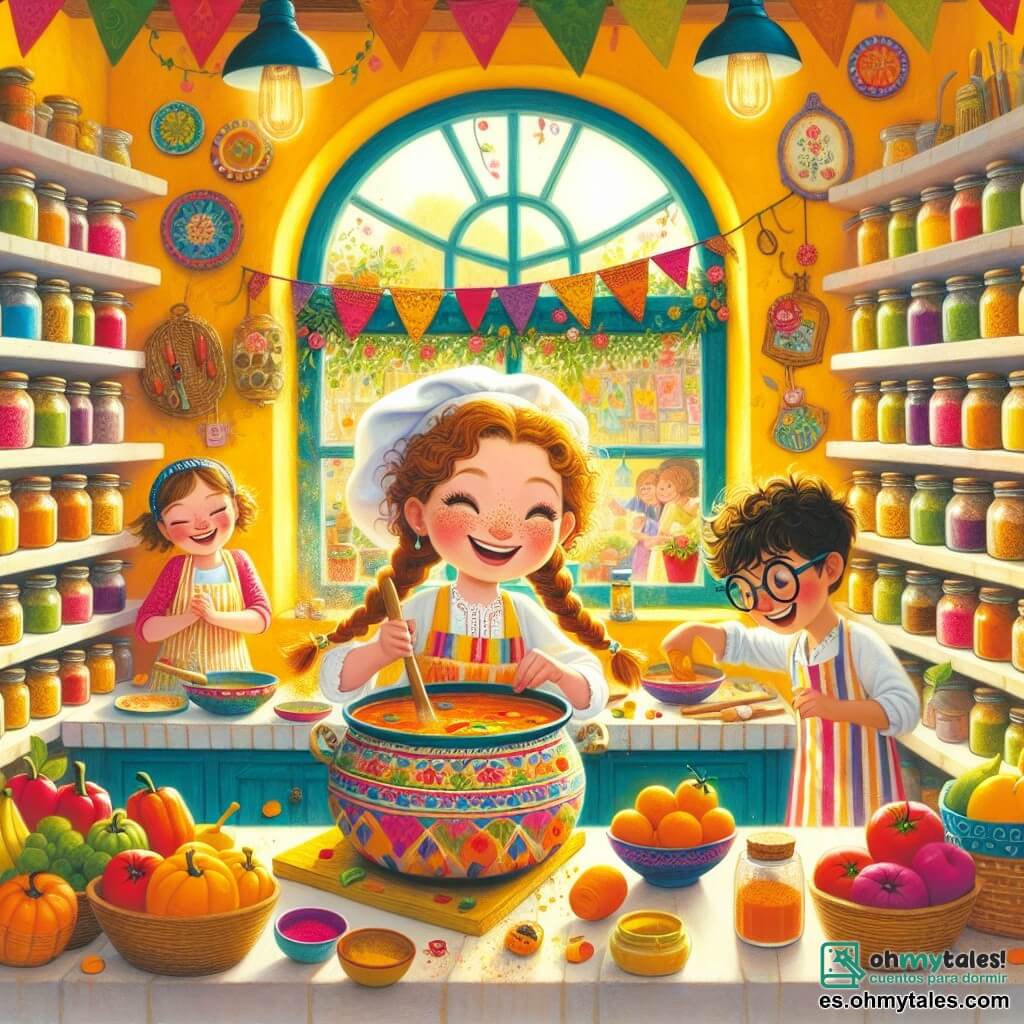 La chef Mariana, una mujer alegre con cabello rizado y una gran sonrisa, lleva un delantal colorido y un enorme sombrero de chef. Ella está mezclando una gran olla de sopa de colores vivos, con los ojos brillando de felicidad y emoción. A su lado, Martina, una niña de 7 años con trenzas y una camiseta a rayas, sostiene un molde en forma de estrella, lista para cortar verduras en forma de estrellas. Tomás, un niño de 8 años con gafas y una sonrisa traviesa, está vertiendo frutas en un gran bol, con las manos llenas de jugo colorido. La escena tiene lugar en la cocina de "La Estrella Sabrosa", un lugar luminoso y acogedor, con paredes pintadas de amarillo y estanterías llenas de tarros de especias coloridas. Guirnaldas de frutas decoran las ventanas y aromas deliciosos flotan en el aire. Mariana y los niños están preparando un gran banquete, riendo y divirtiéndose mientras crean platos coloridos y divertidos, llenos de alegría y amistad.