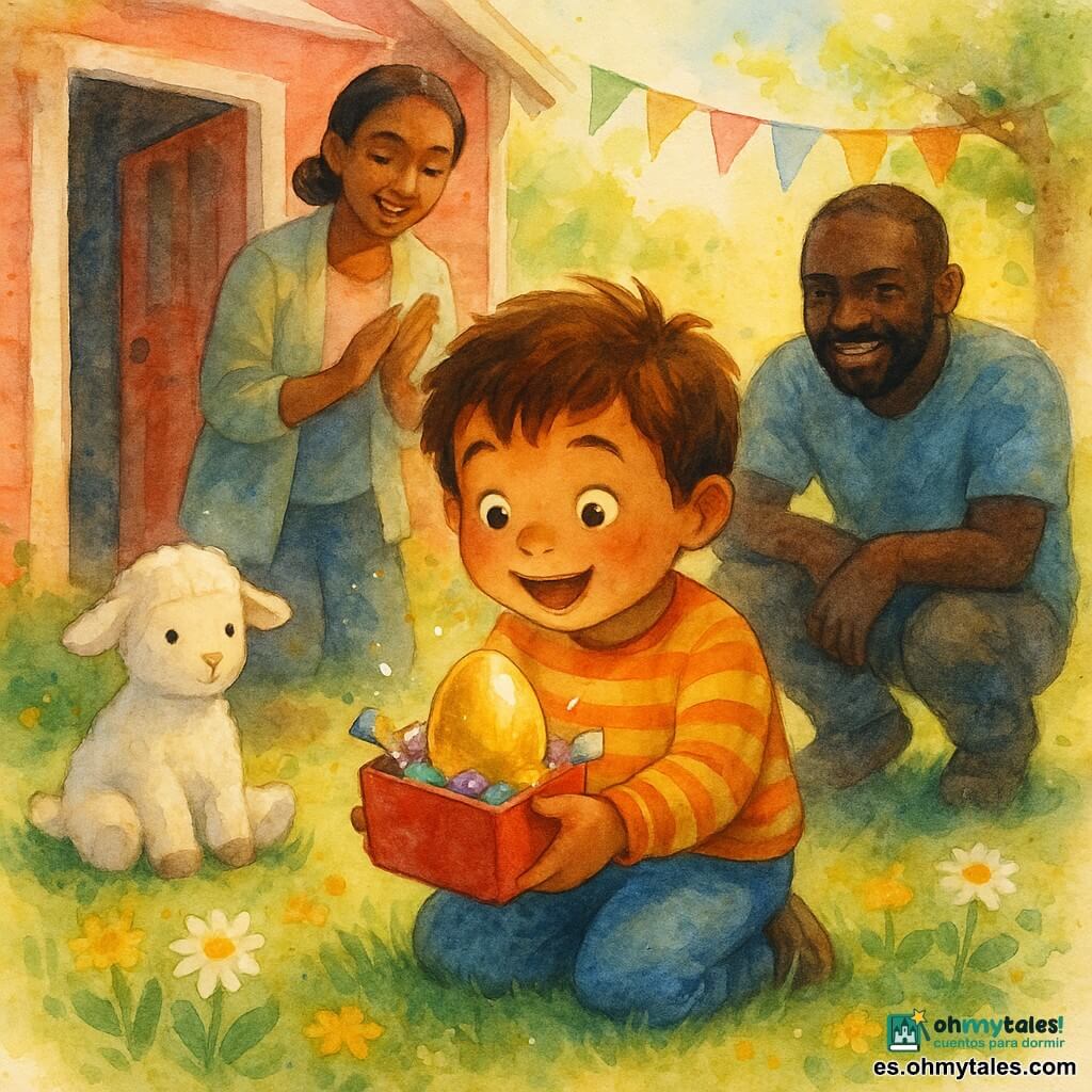 Niño de 4 años llamado Leo, rostro redondo y mejillas sonrosadas, cabello castaño desordenado, ojos brillantes y sonrisa asombrada, sosteniendo con delicadeza una pequeña caja abierta con un gran huevo dorado, sentado en cuclillas frente a una casita roja. Peluche Nube, una ovejita blanca y suave, junto a Leo en el umbral, mirada fija y cariñosa. Madre de unos 30–35 años, cabello recogido, chaqueta pastel, detrás a la izquierda aplaudiendo suavemente con mirada tierna. Padre de unos 30–40 años, barba corta, ropa informal, agachado a la derecha sonriendo orgulloso. Jardín soleado con césped verde salpicado de flores amarillas y margaritas, guirnaldas en una rama, casita de madera roja con puerta entreabierta y ventanas blancas, luz cálida y sombras suaves. Momento de descubrimiento de un tesoro de Pascua: Leo abre la caja y encuentra el huevo dorado entre envoltorios brillantes, destellos en el papel, atmósfera tierna y alegre, enfoque en los rostros maravillados y texturas tipo acuarela.