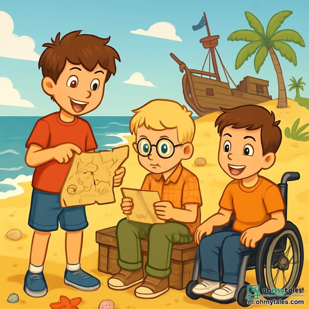 Er zijn 3 personages: - Tom: een 12-jarig jongen met rommelig bruin haar en een nieuwsgierige blik in zijn ogen. Hij draagt een rood t-shirt en een blauwe short, en staat rechtop terwijl hij wijst naar een oude opgerolde kaart die hij vasthoudt. - Jesse: een 11-jarig jongen met ronde bril en blond haar. Hij draagt een geruit overhemd en cargo broek, zittend op een oude houten kist, terwijl hij aandachtig een stuk van de kaart bestudeert met een geconcentreerde blik. - Max: een 12-jarig jongen met kastanjebruin haar en een bemoedigende glimlach. Hij zit in een rolstoel naast Tom en kijkt enthousiast naar de kaart, klaar om hen te helpen het mysterie op te lossen. De locatie speelt zich af op een zonnig strand, met gouden zandduinen en turquoise golven die zachtjes op de kust breken. Op de achtergrond ligt een oud schip van een piraat deels begraven in het zand, omringd door weelderige palmbomen en kleurrijke schelpen verspreid over de grond. De belangrijkste situatie van het verhaal toont de drie vrienden die een oude schatkaart ontdekken, met mysterieuze symbolen en aanwijzingen naar een verborgen schat. Ze zijn vol opwinding en vastberadenheid, klaar om op avontuur te gaan om het geheim van piraat Zwartbaard te onthullen.