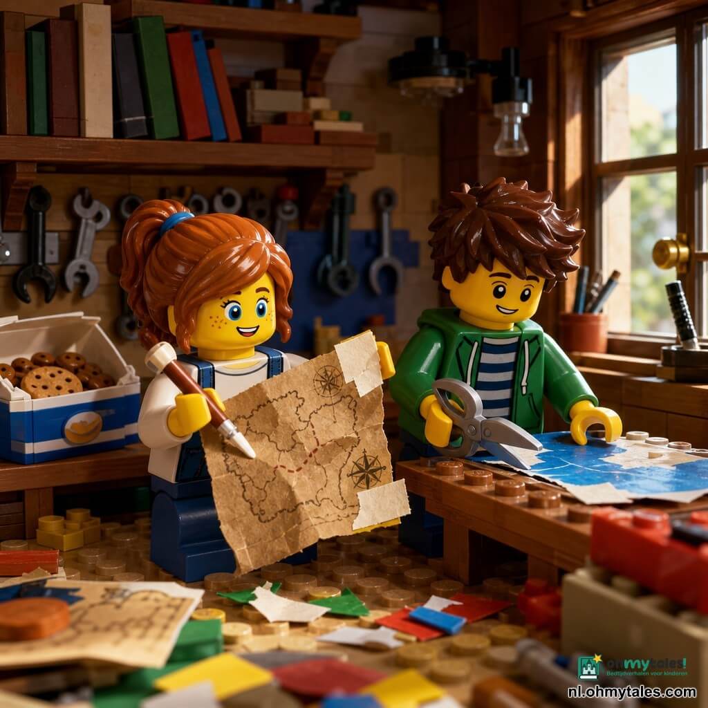 Meisje, 6 jaar, heldere blauwe ogen en sproeten, geconcentreerde, blije uitdrukking, houdt een oude, gekreukte kaart vast en plakt een stuk papier met een klein lijmpenseltje; jongen Sam, 6 jaar, warrig bruin haar, guitige glimlach, houdt een plastic schaar en tekent een blauwe zee op een vel papier, rechts van het meisje aan een klein werktafeltje; afwezige moeder gesuggereerd door een open koekjesblik op een plank; plek: klein houten schuurtje verlicht door een warme zonnestraal met planken vol stoffige boeken, opgehangen gereedschap en gekleurde papierrestjes en LEGO-stukjes op de vloer; scène: samen een schatkaart herstellen—plakken, knippen en tekenen—sfeervol beeld van vriendschap, ontdekking en zichtbare hout- en papiertexturen.
